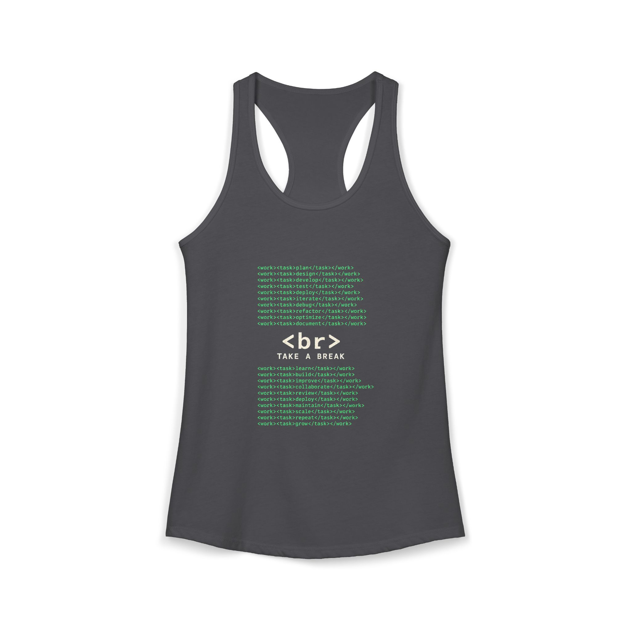 Work Work Break women's racerback tank in Solid Dark Gray, front 2