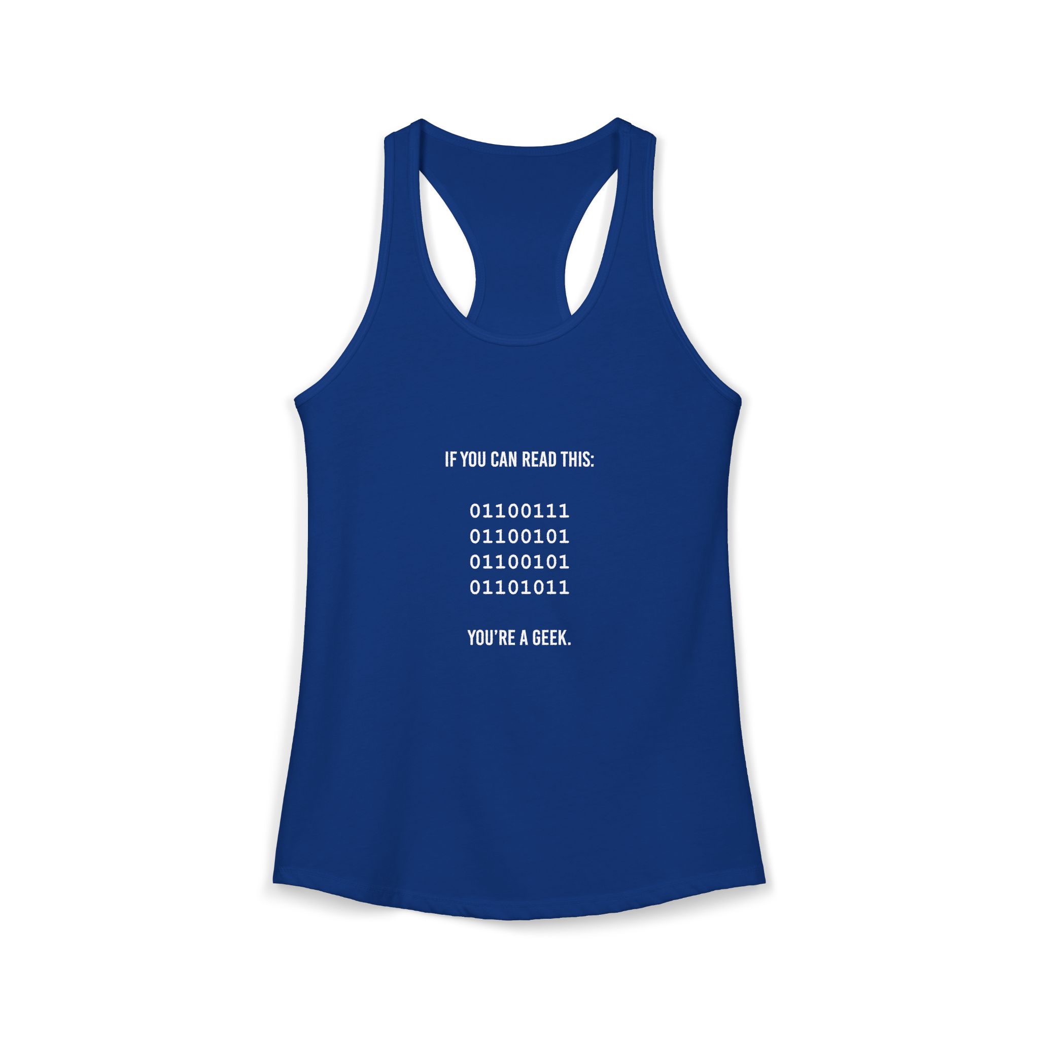 Geek Binary Code women's racerback tank in Solid Royal, front 2