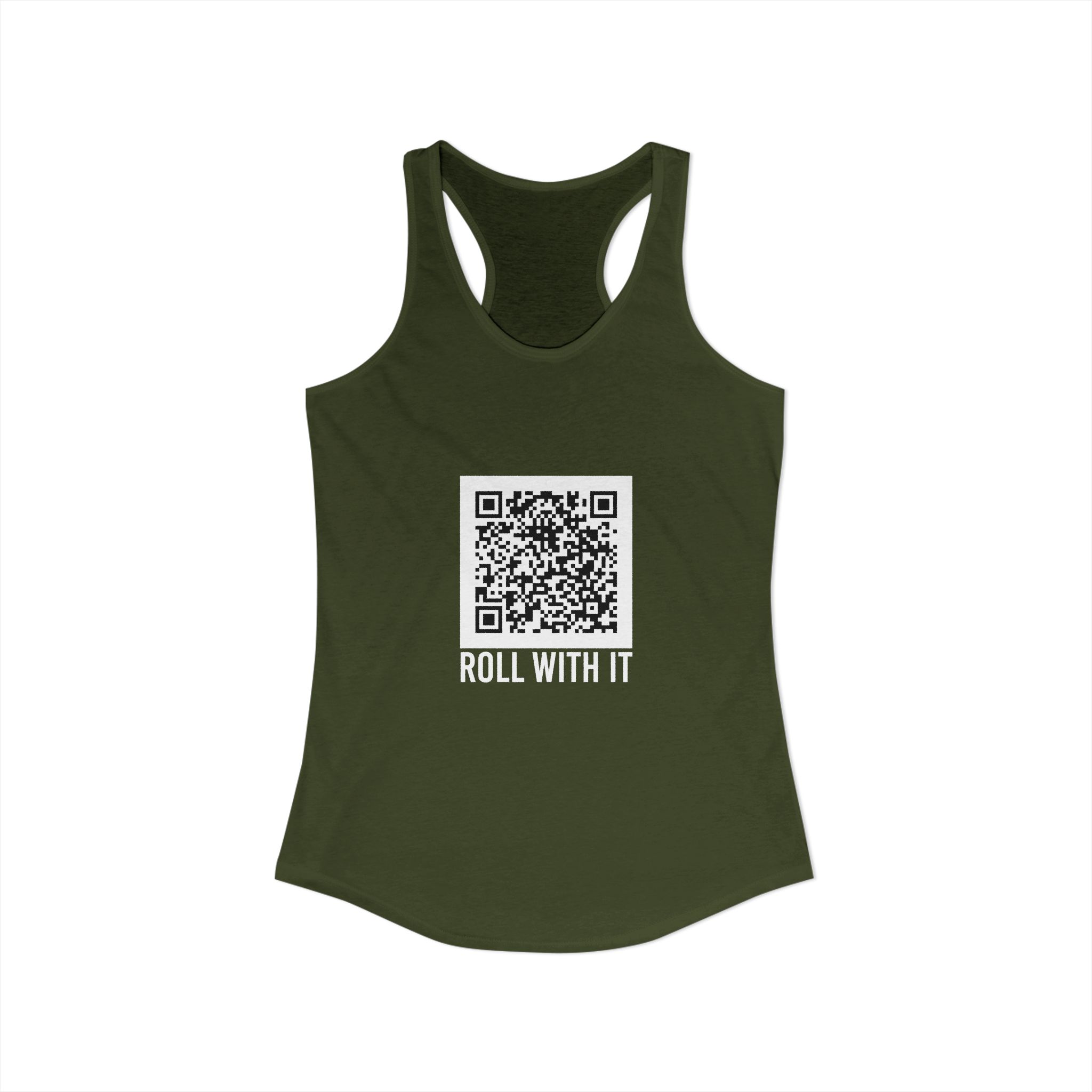 Roll With It QR Code women's racerback tank in Solid Military Green, front view