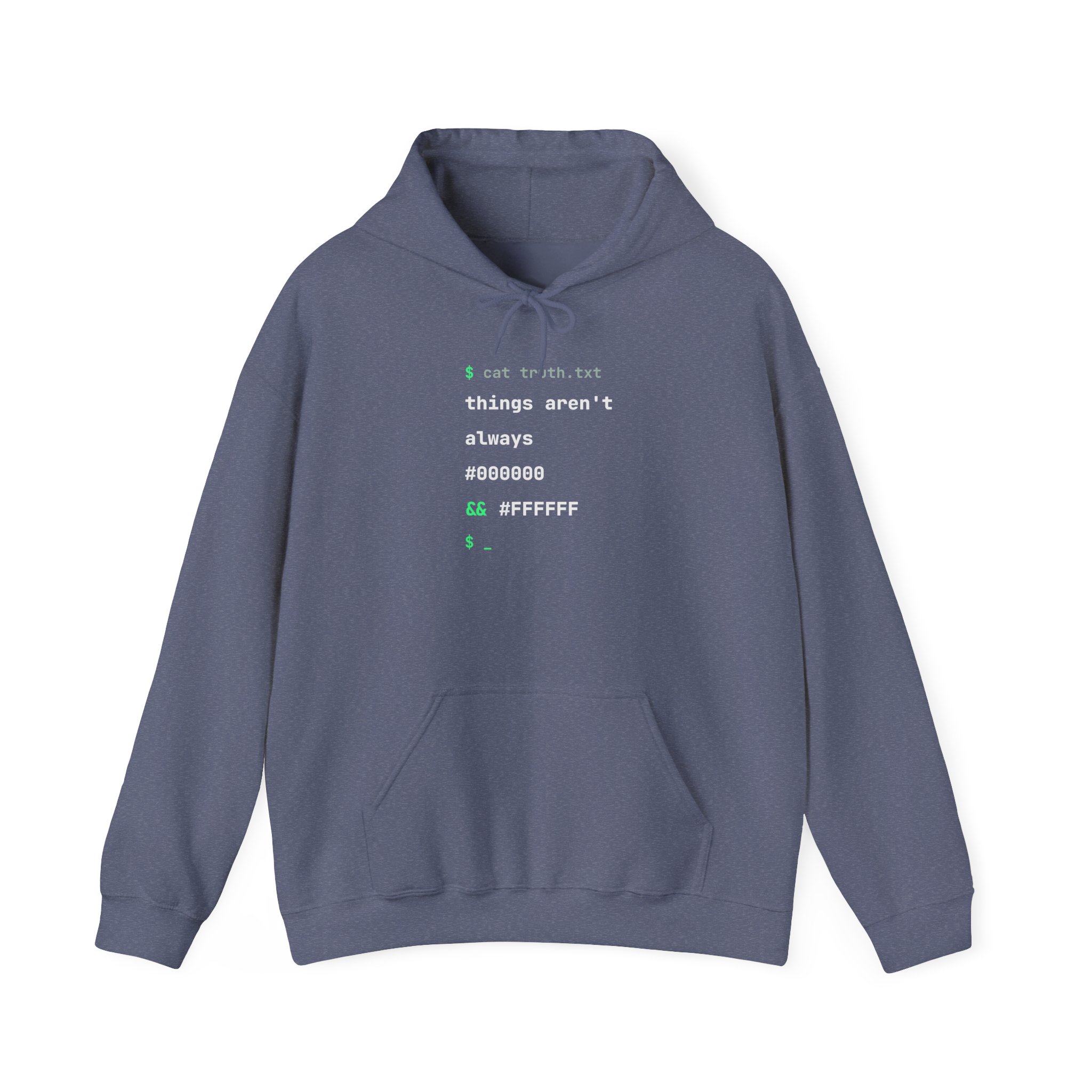 cat truth.txt hoodie in Heather Navy, front view