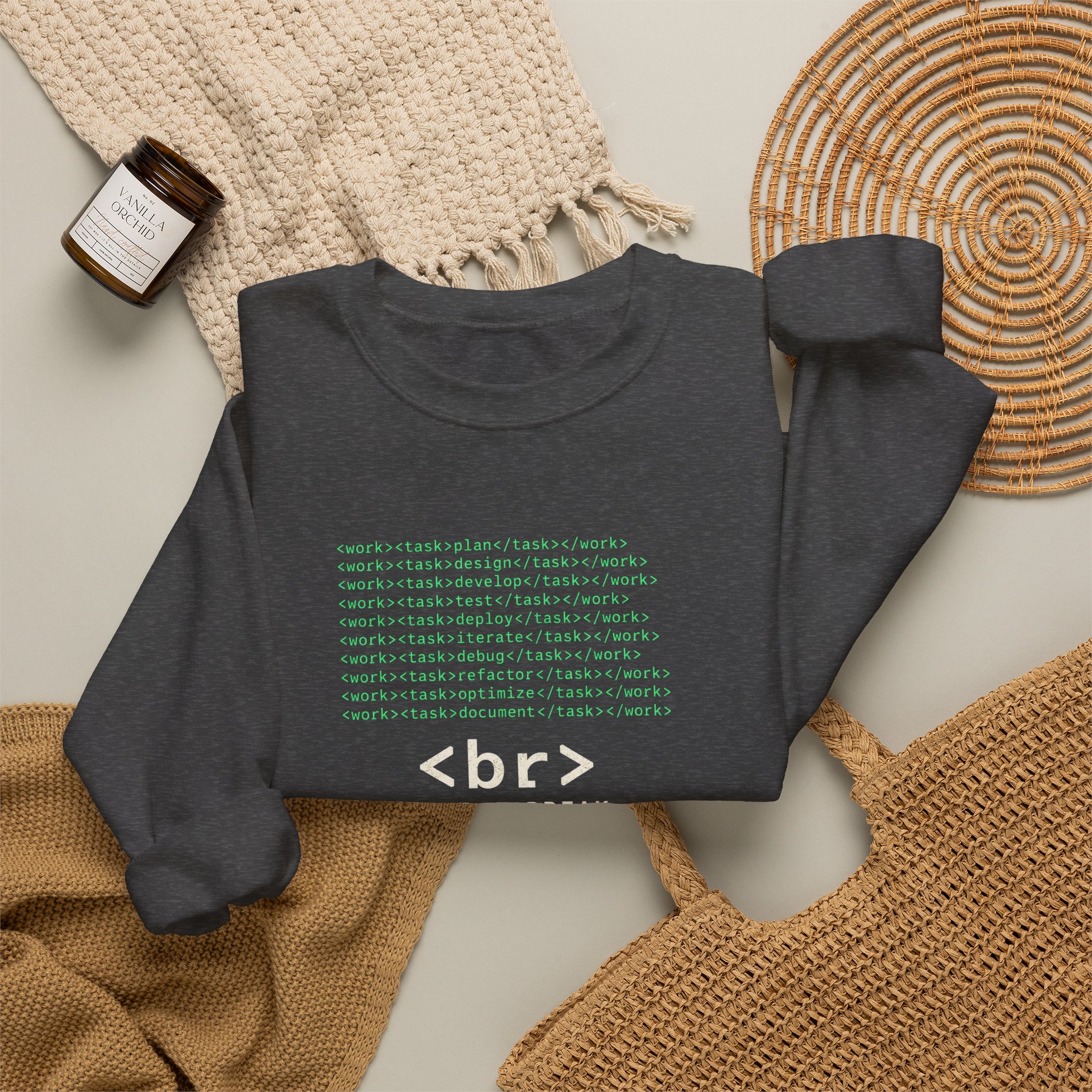 Work Work Break crewneck sweatshirt in Dark Heather, folded 2