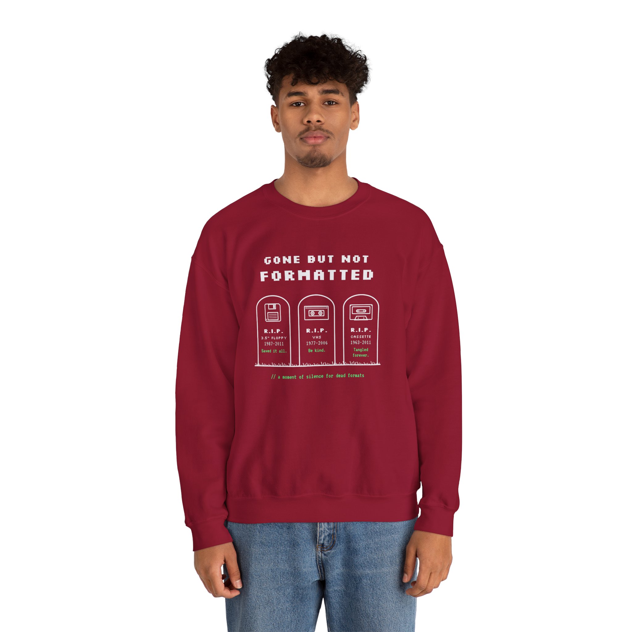 Gone But Not Formatted crewneck sweatshirt in Cardinal Red, worn by a model, second view