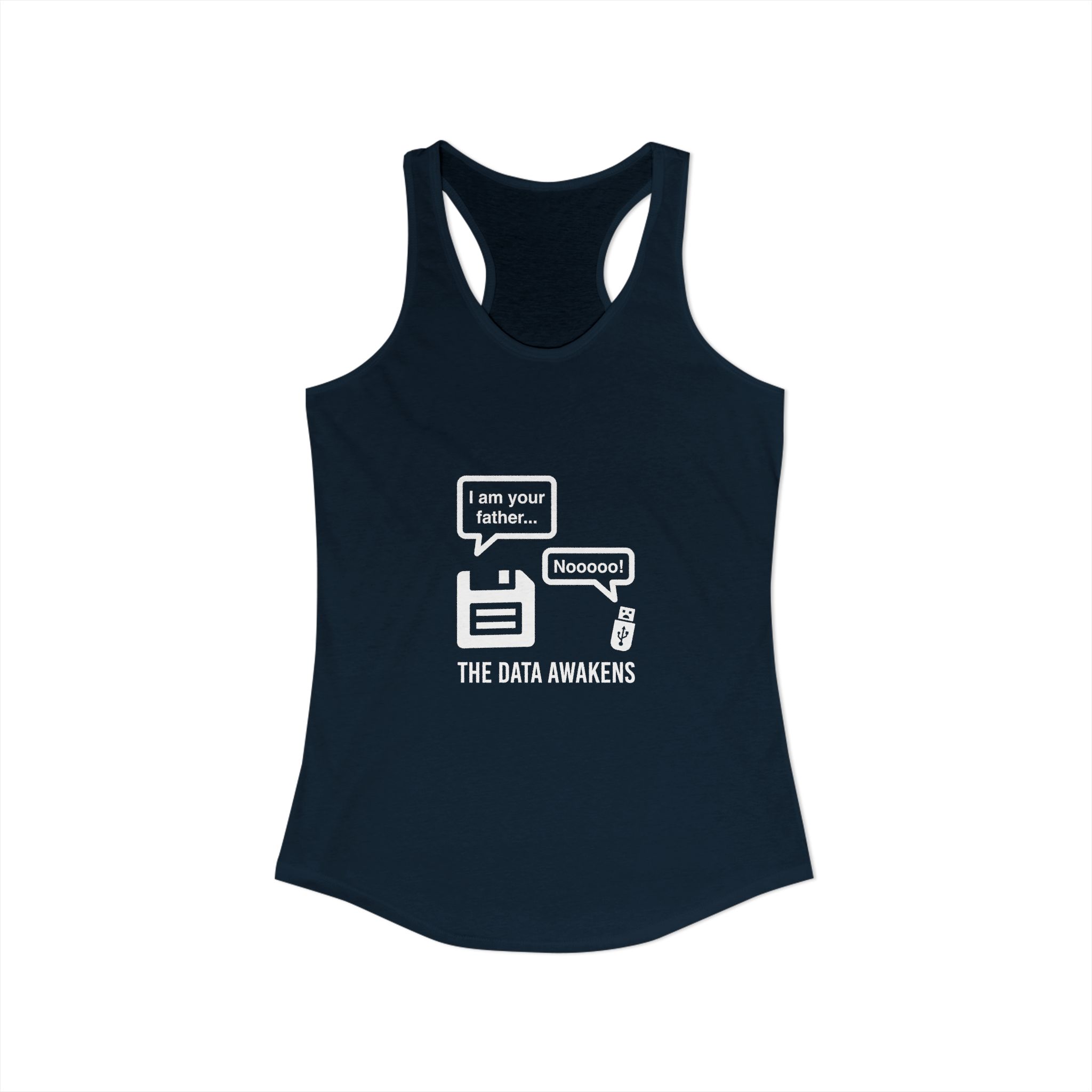 The Data Awakens women's racerback tank in Solid Midnight Navy, front view