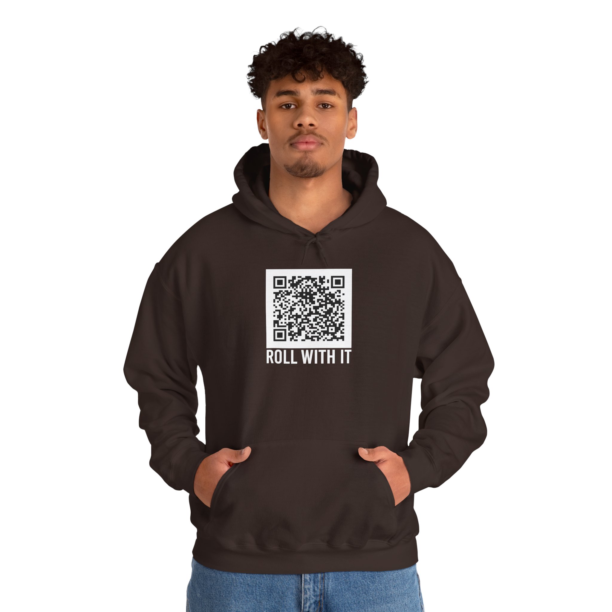 Roll With It QR Code hoodie in Dark Chocolate, worn by a model, second view