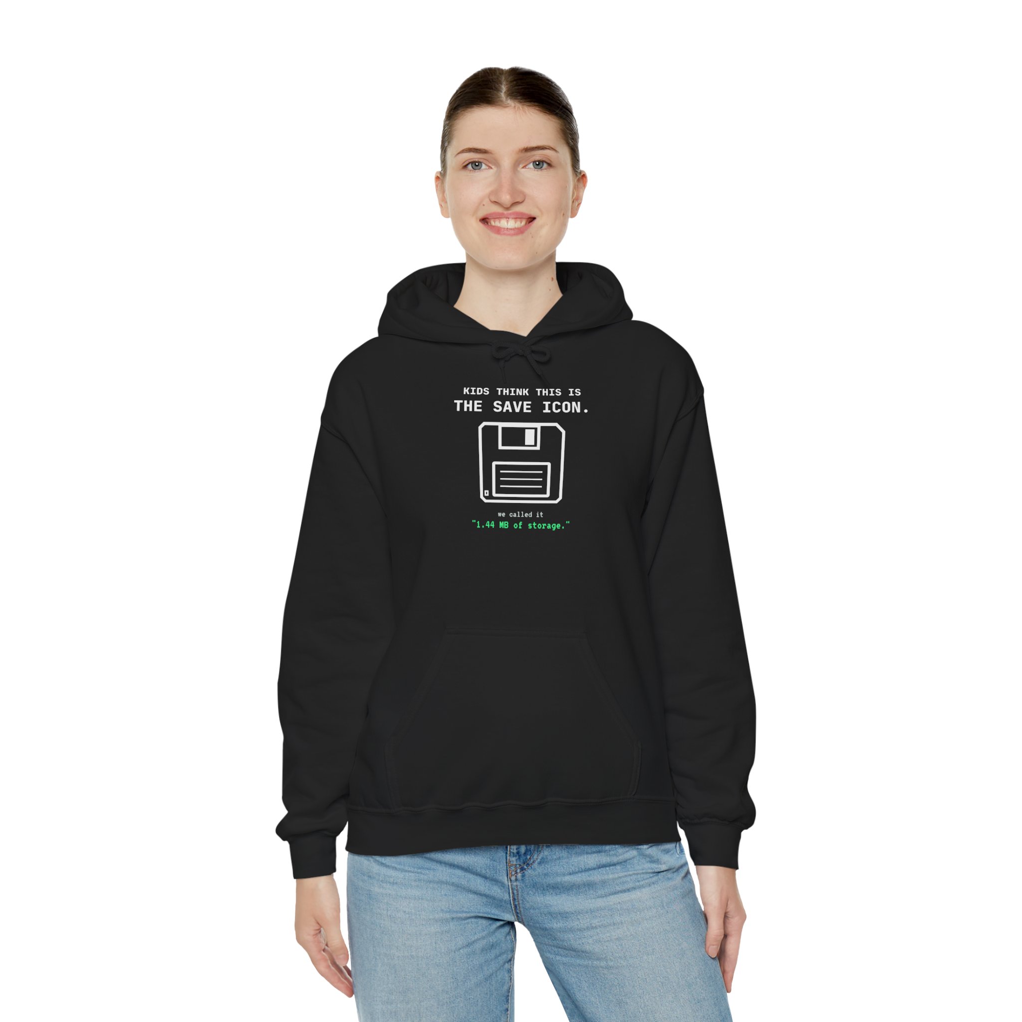 The Original Save Icon hoodie in Black, worn by a model, third view