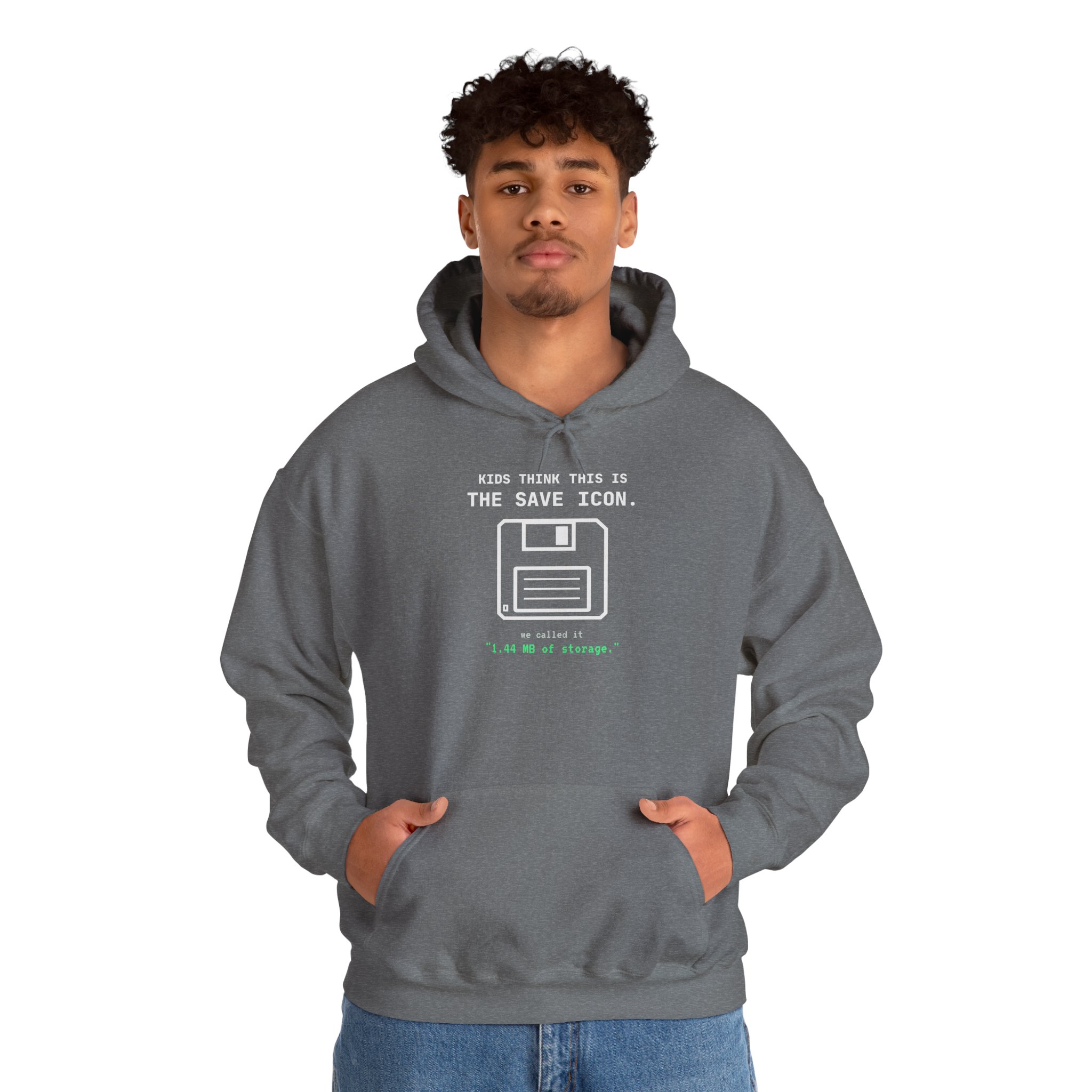 The Original Save Icon hoodie in Graphite Heather, worn by a model, second view