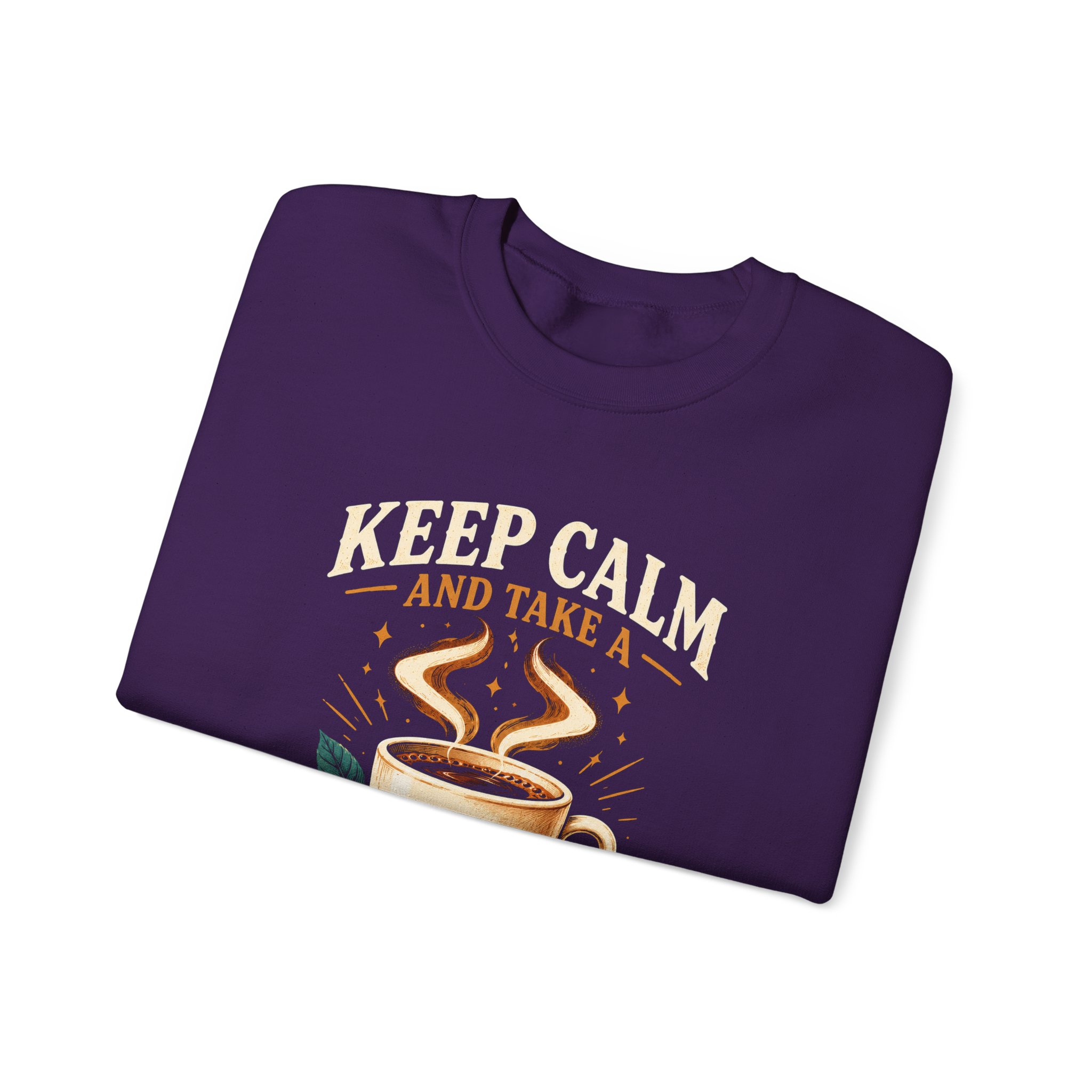 Keep Calm Coffee Break crewneck sweatshirt in Purple, folded