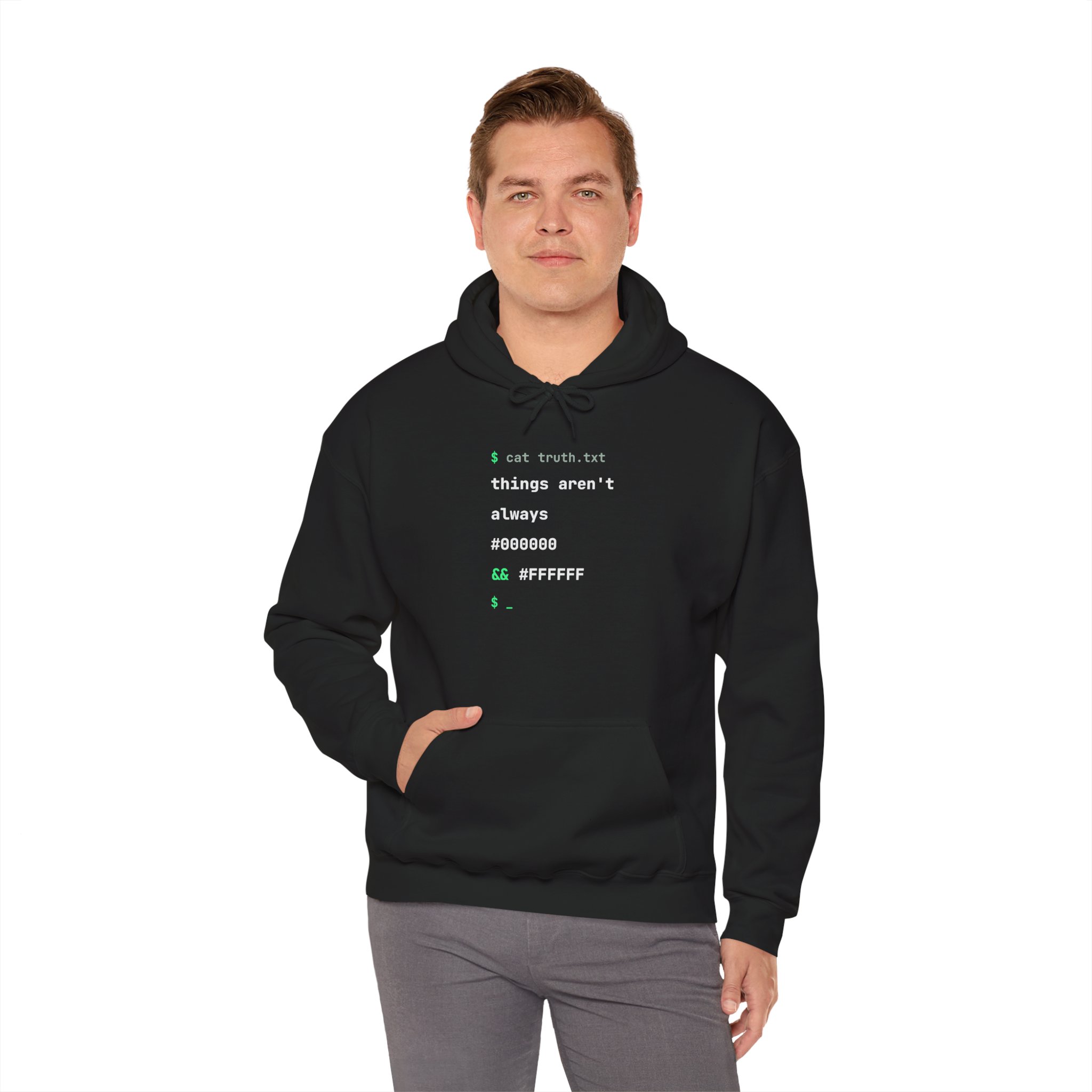 cat truth.txt hoodie in Black, worn by a model, fourth view