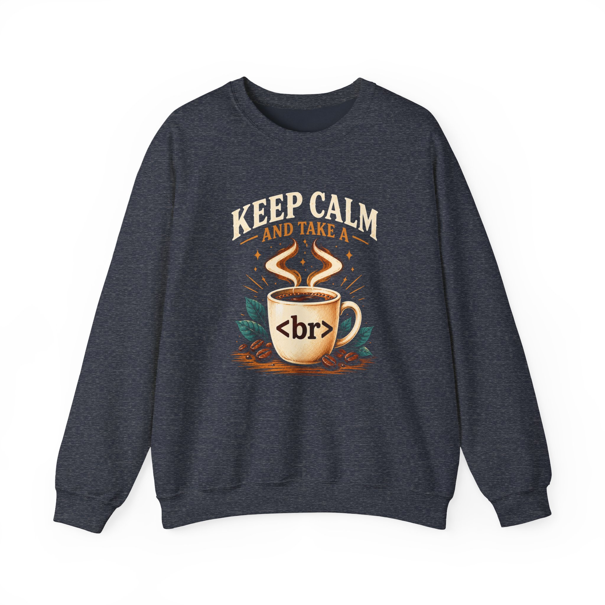 Keep Calm Coffee Break crewneck sweatshirt in Heather Sport Dark Navy, front view