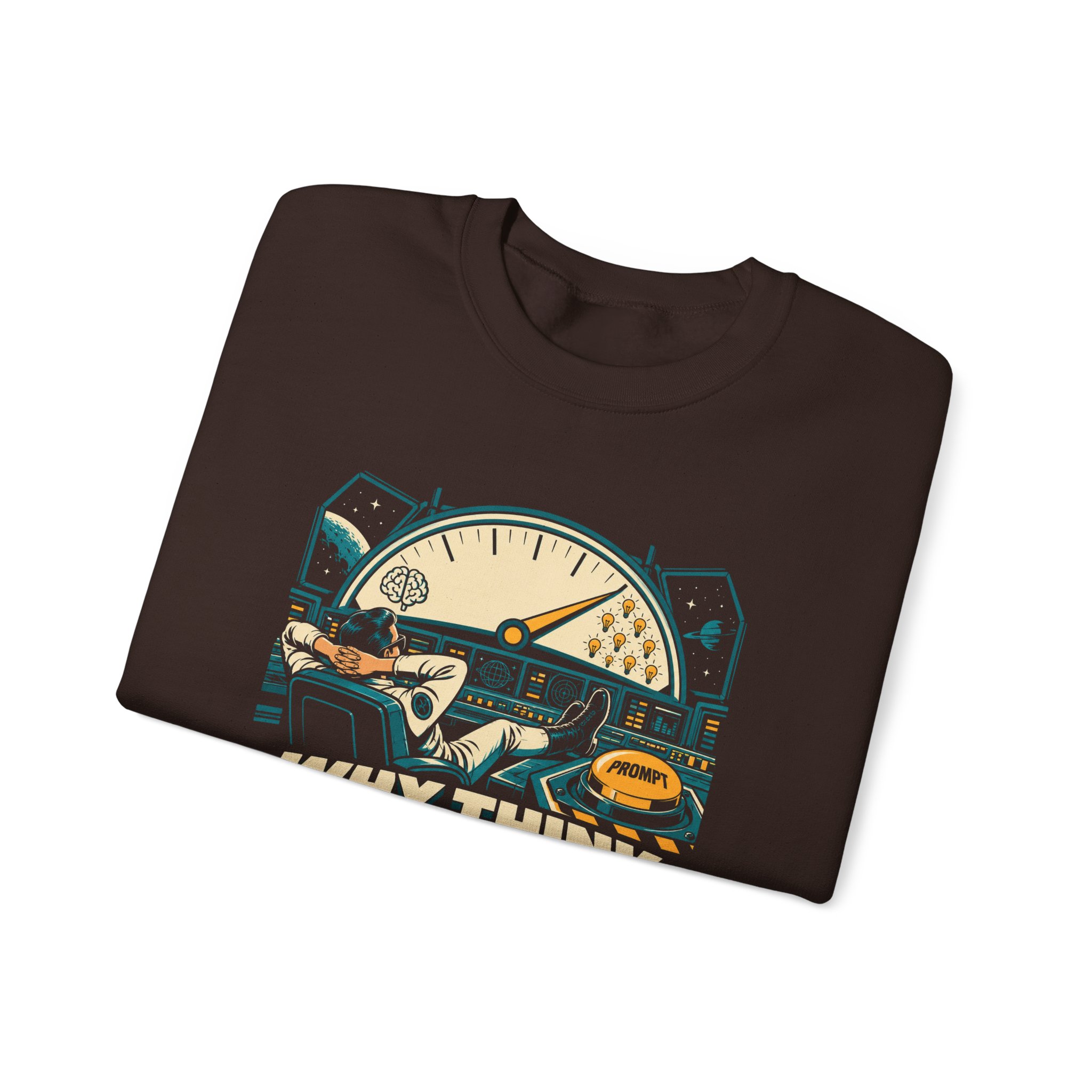 Prompt Mission Control crewneck sweatshirt in Dark Chocolate, folded