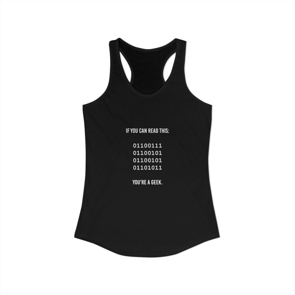Geek Binary Code women's racerback tank in Solid Black, front view