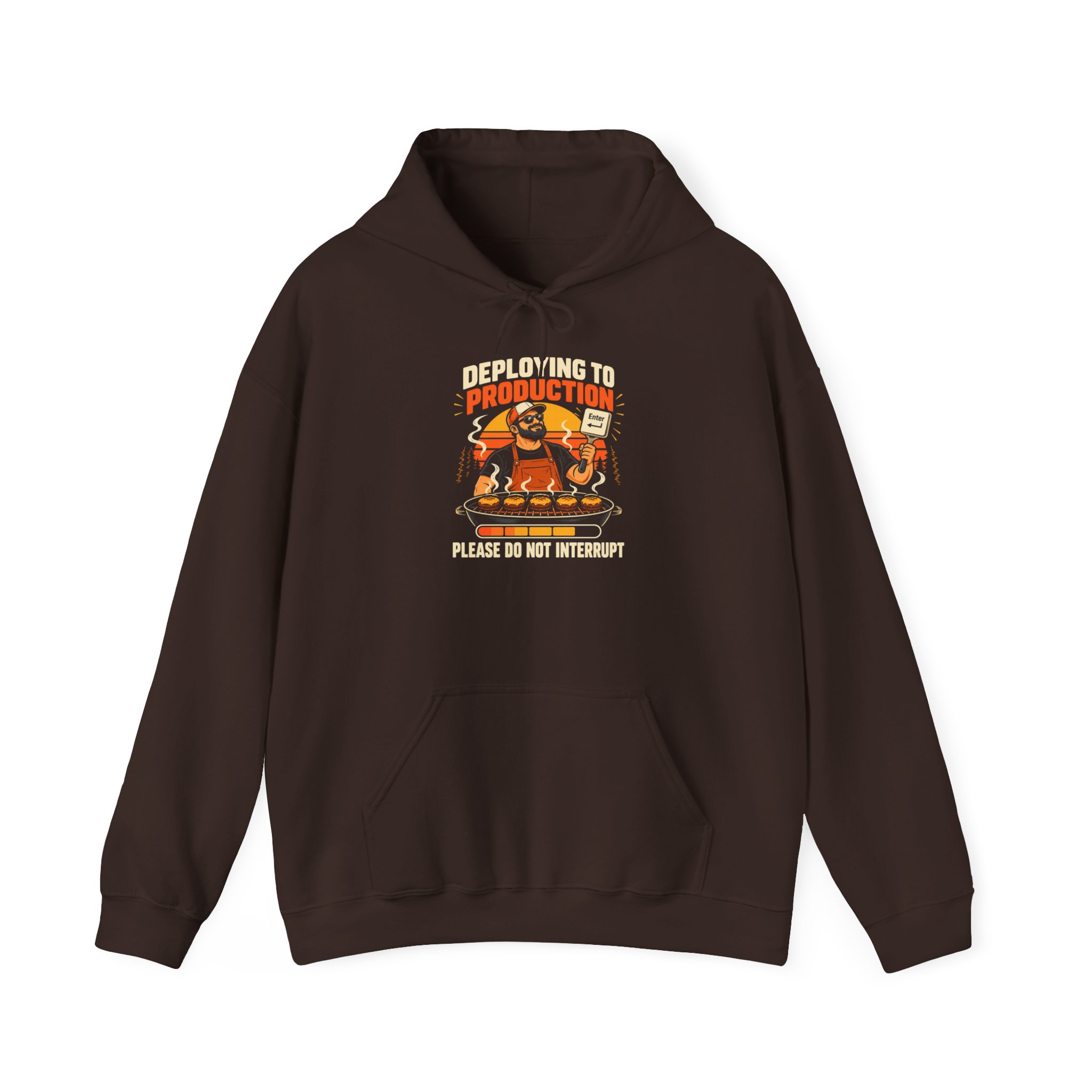 Deploying to Production hoodie in Dark Chocolate, front view