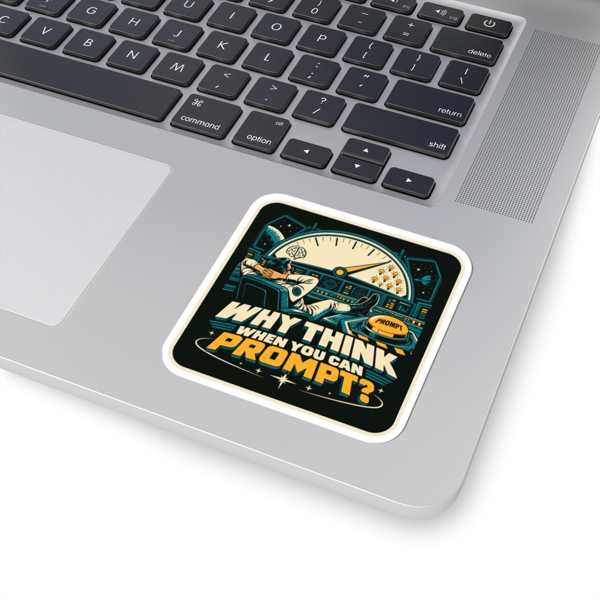 Prompt Mission Control sticker, 3 inch, on a laptop