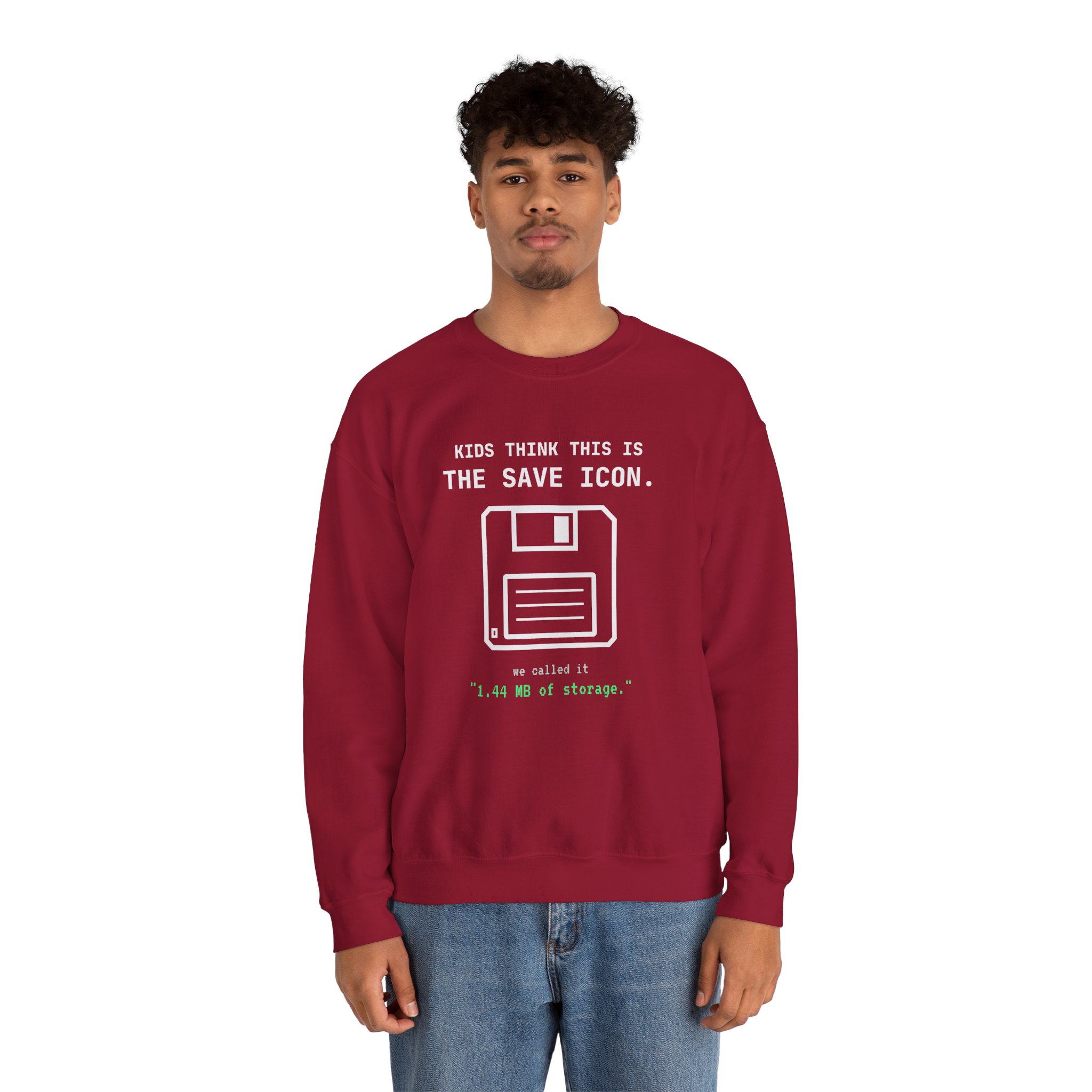 The Original Save Icon crewneck sweatshirt in Cardinal Red, worn by a model, second view