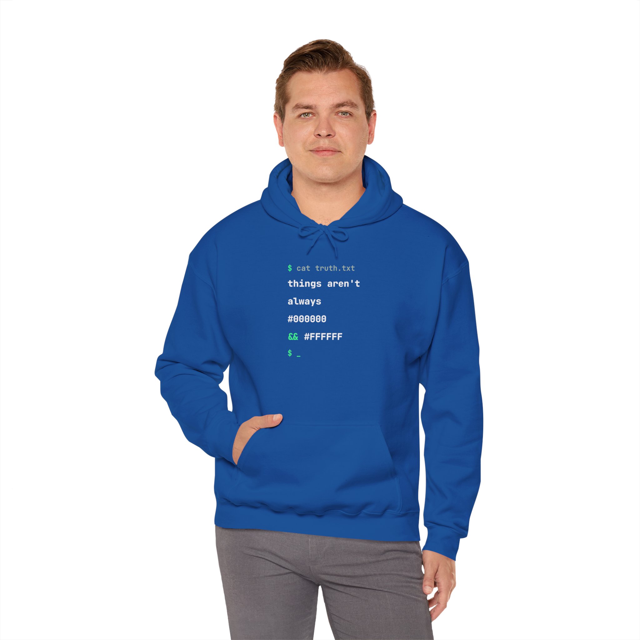 cat truth.txt hoodie in Royal, worn by a model, fourth view