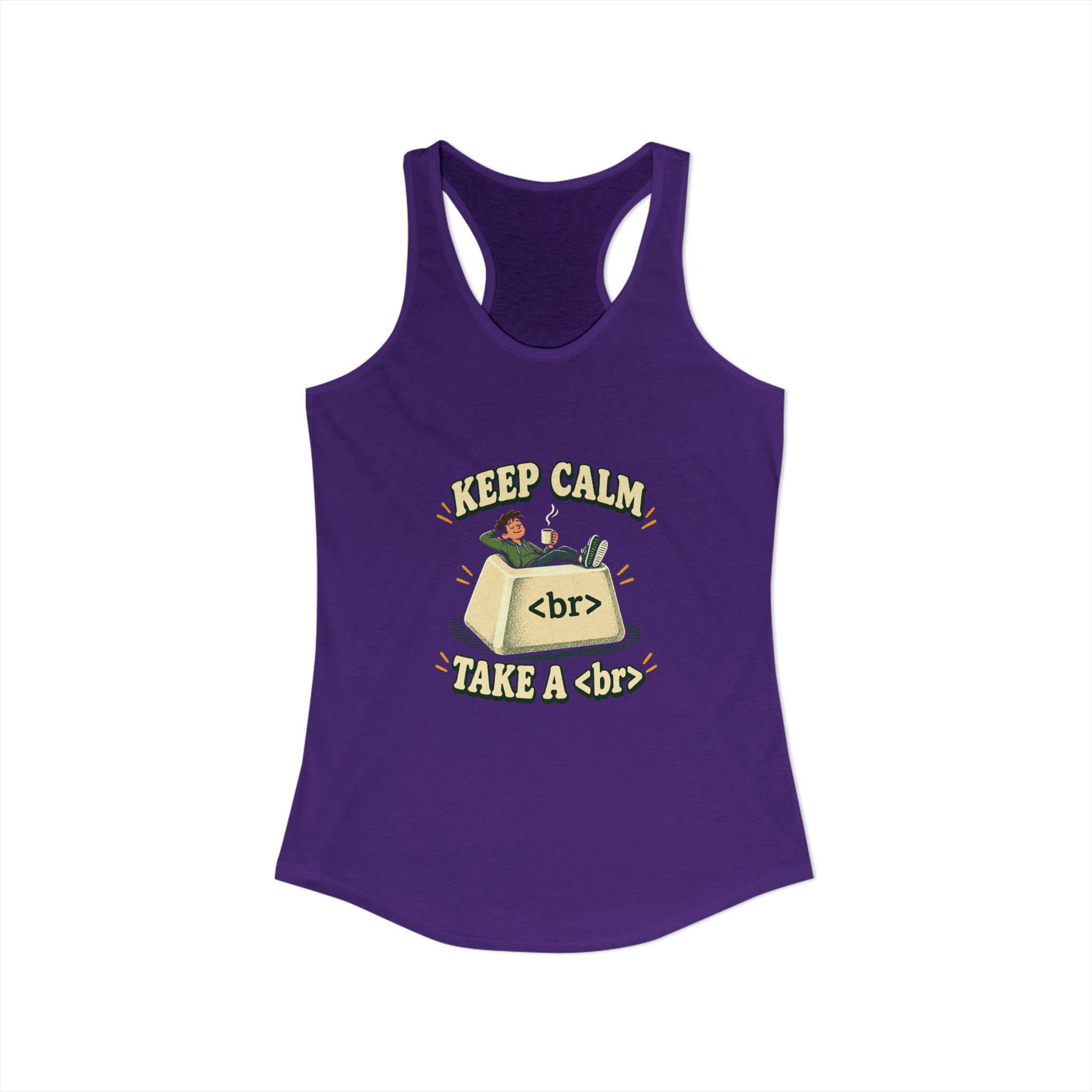 Keep Calm Keycap women's racerback tank in Solid Purple Rush, front view