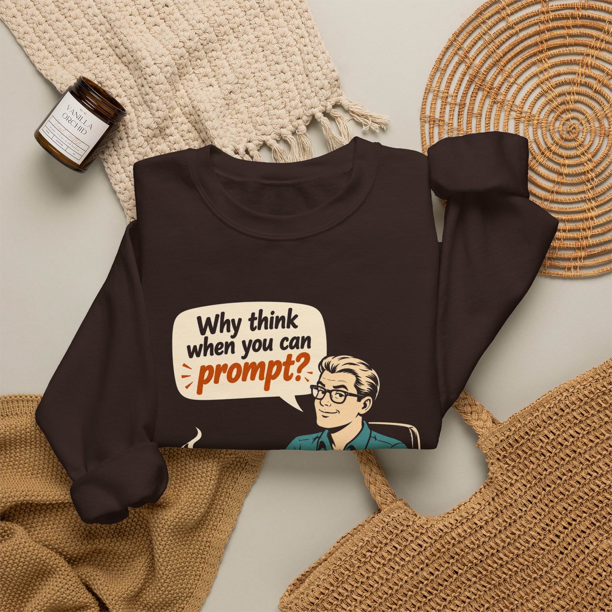 Why Think When You Can Prompt crewneck sweatshirt in Dark Chocolate, folded 2