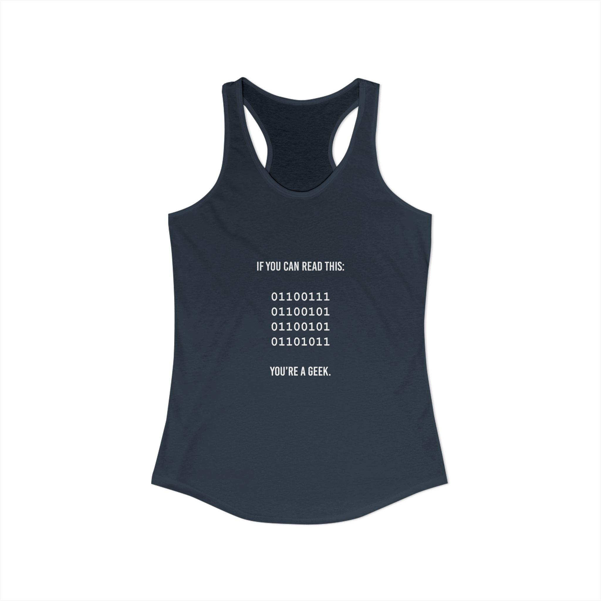 Geek Binary Code women's racerback tank in Solid Indigo, front view