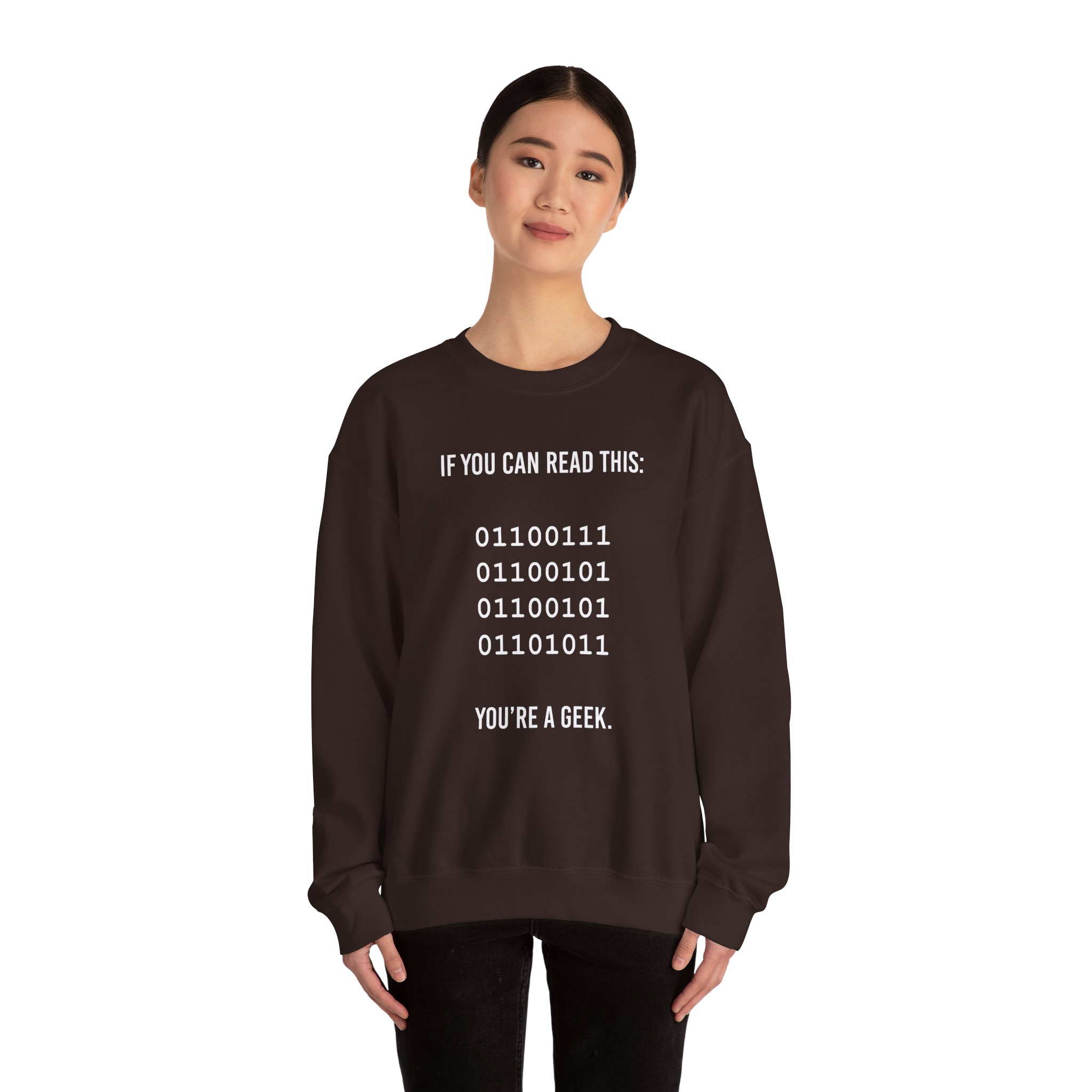 Geek Binary Code crewneck sweatshirt in Dark Chocolate, worn by a model