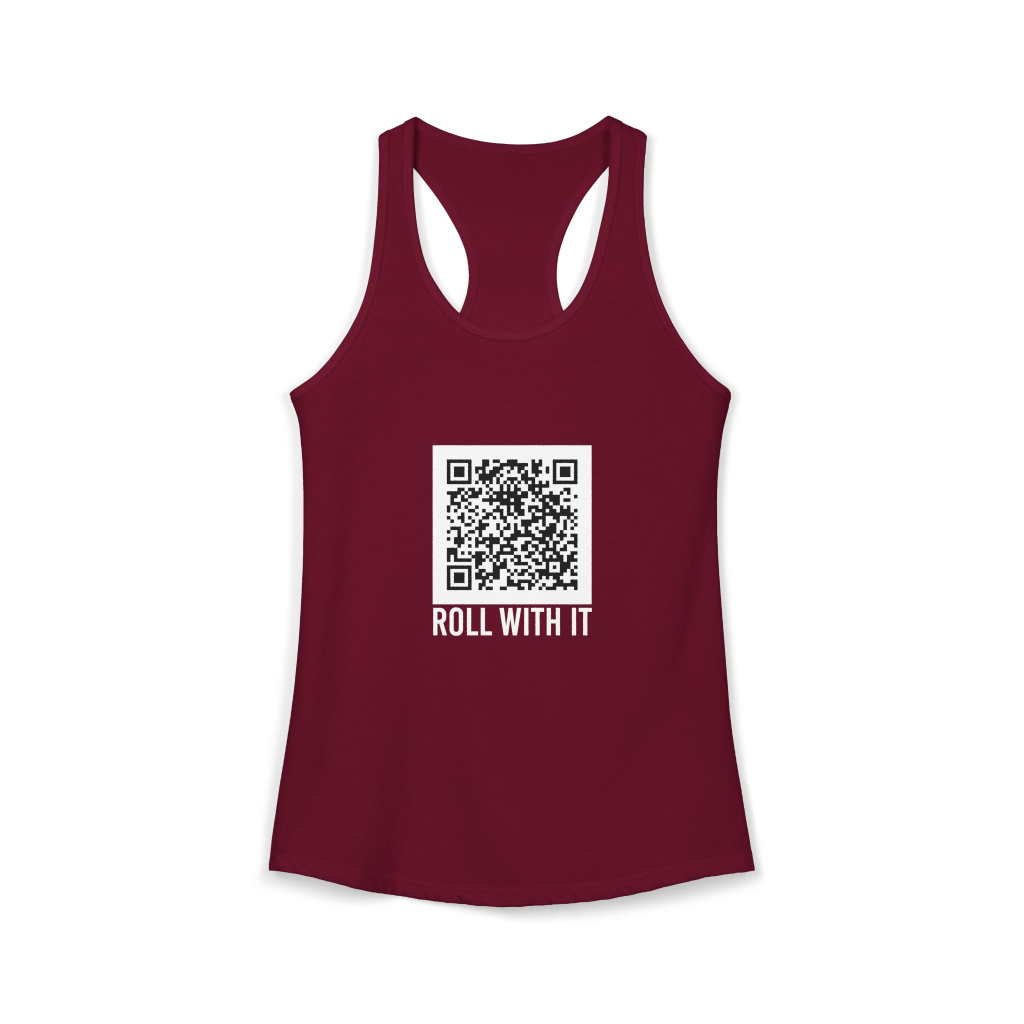 Roll With It QR Code women's racerback tank in Solid Cardinal Red, front 2