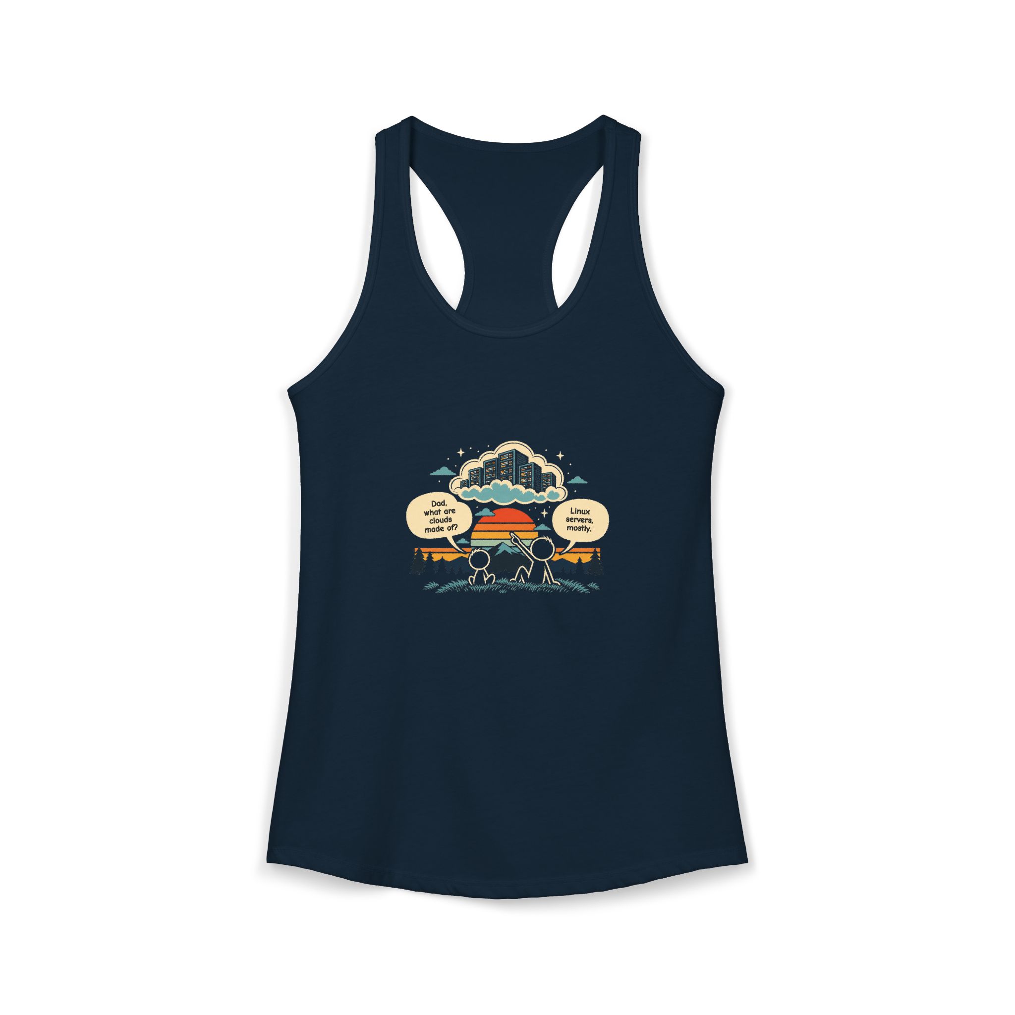 Linux Clouds women's racerback tank in Solid Midnight Navy, front 2