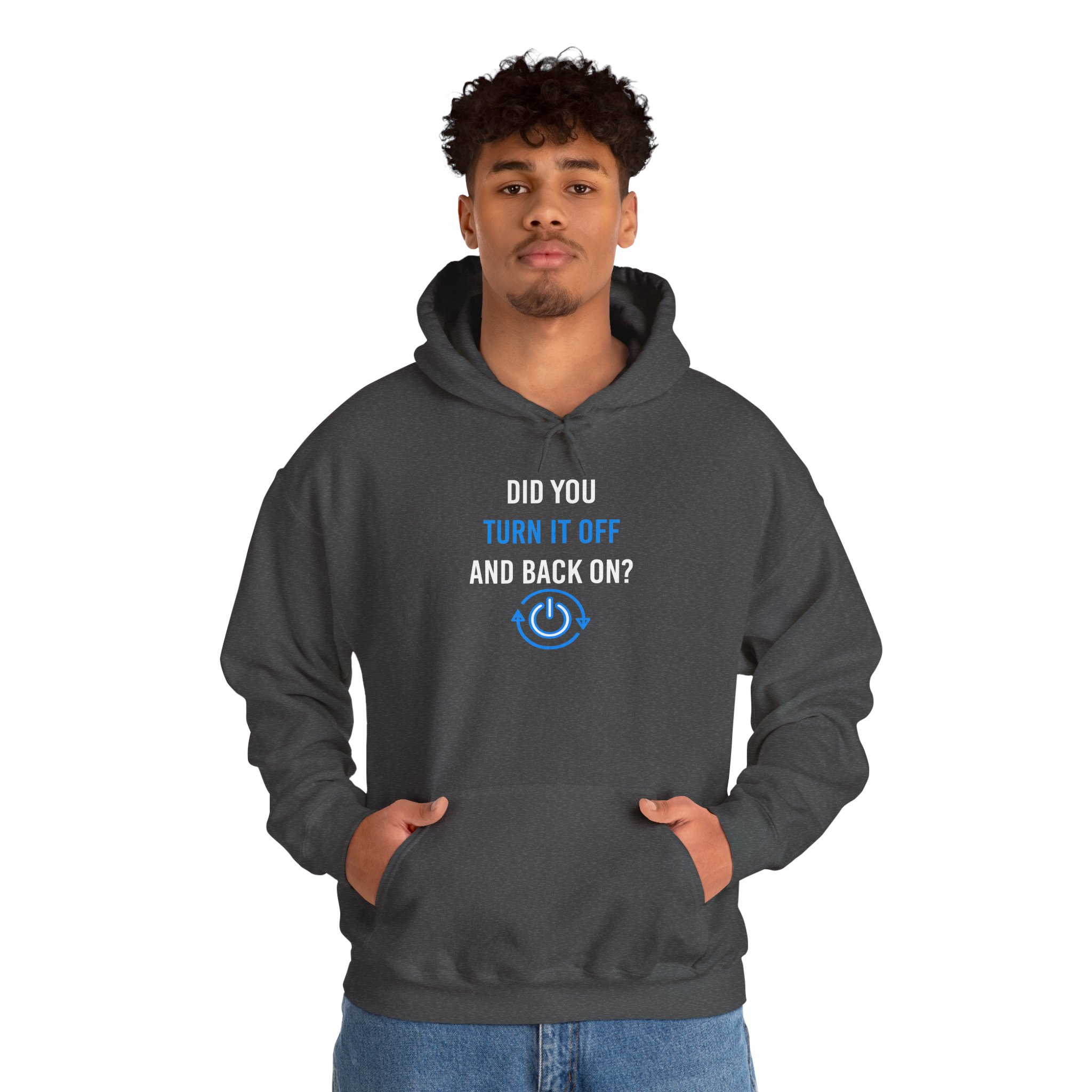 Did You Turn It Off and Back On? hoodie in Dark Heather, worn by a model, second view