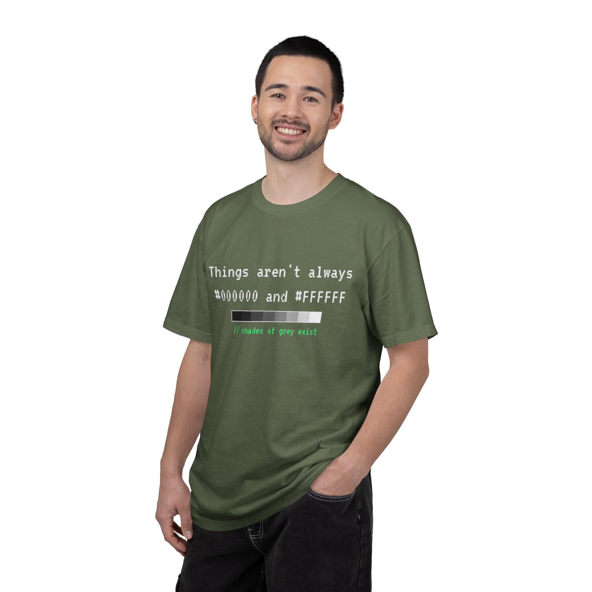 Shades of Grey Exist T-shirt in Sage, worn by a man
