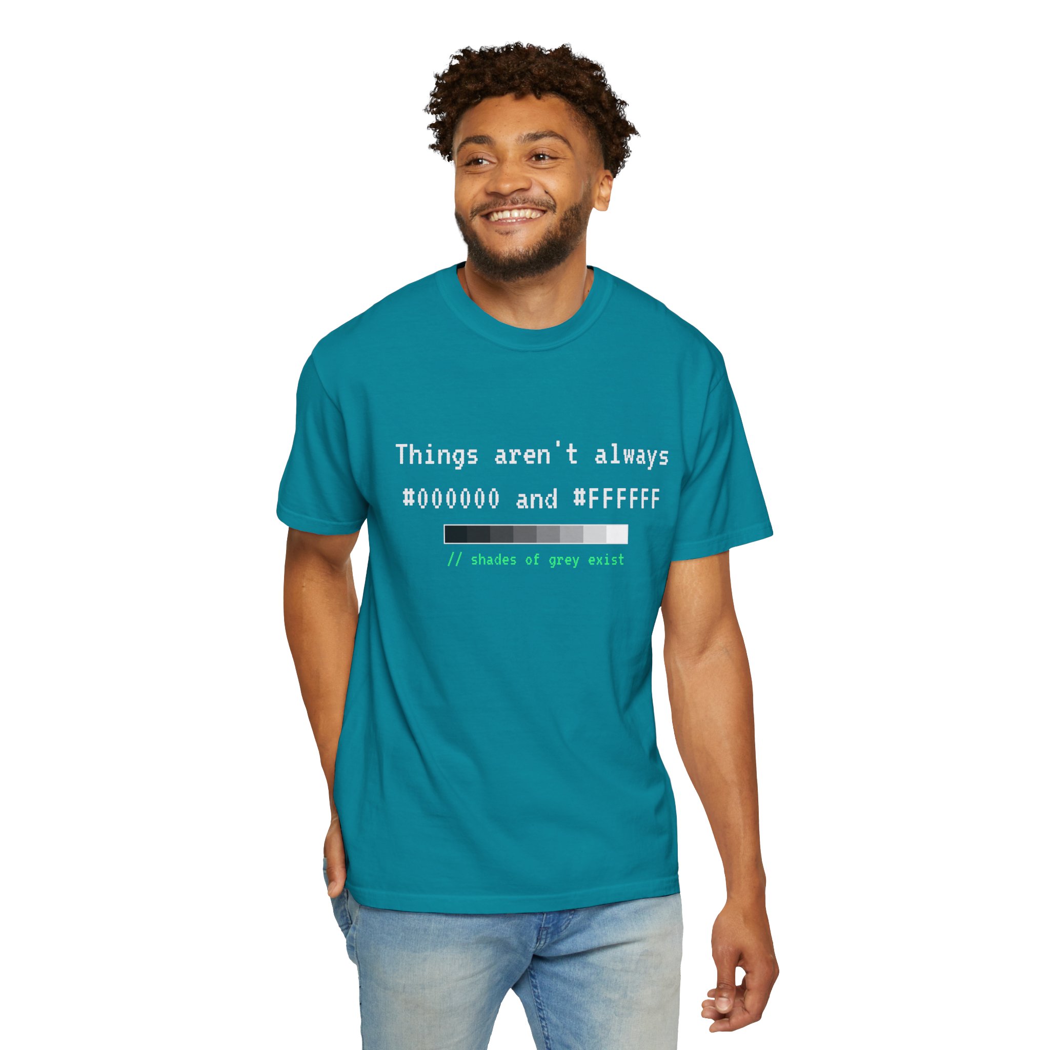 Shades of Grey Exist T-shirt in Topaz Blue, worn by a man, second model