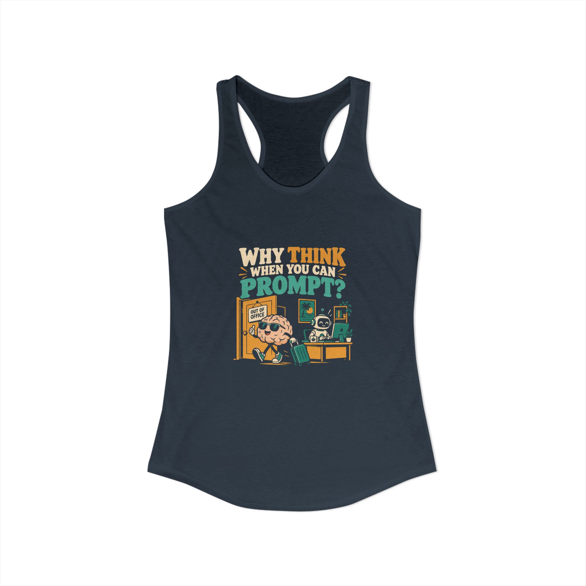 Prompt Out of Office women's racerback tank in Solid Indigo, front view