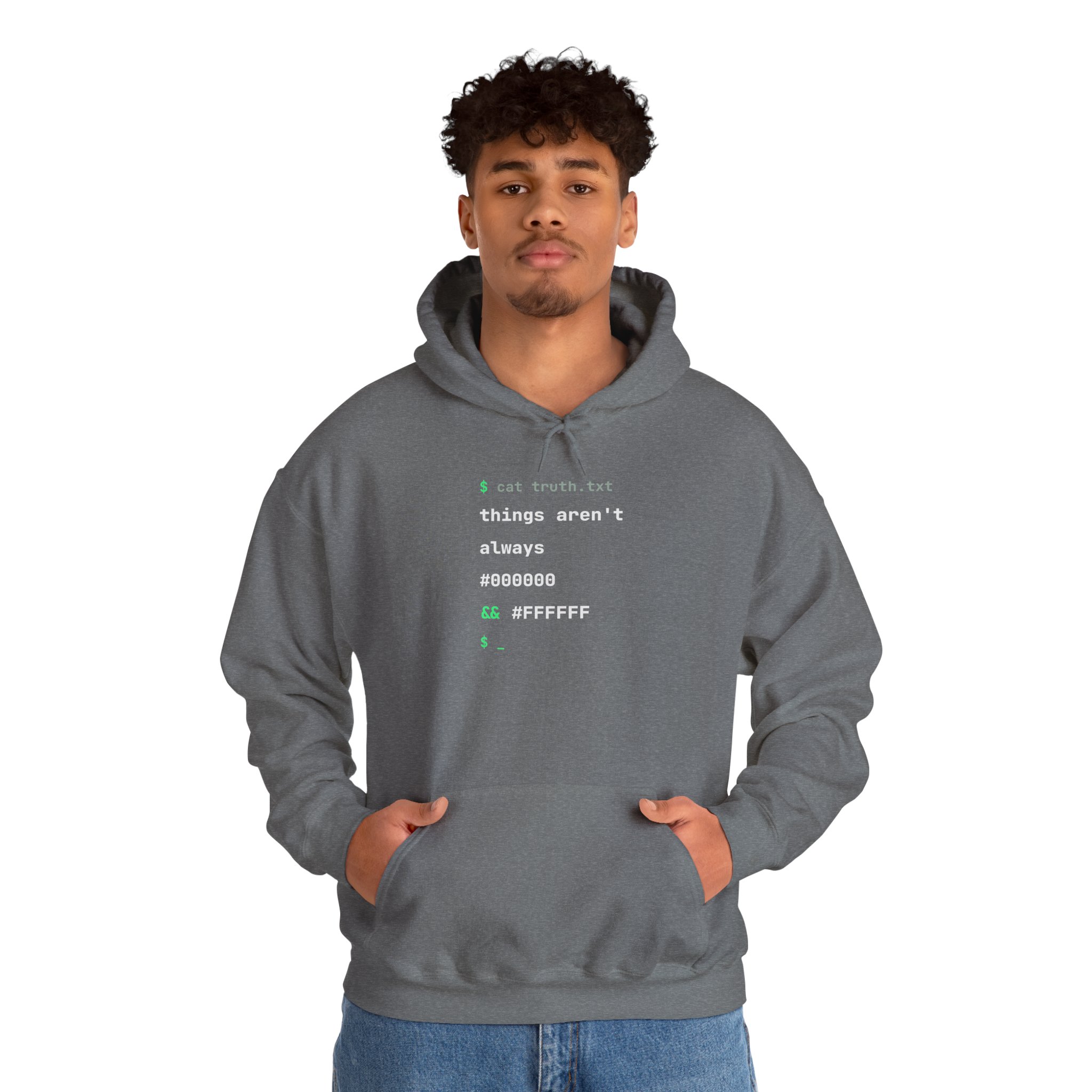 cat truth.txt hoodie in Graphite Heather, worn by a model, second view