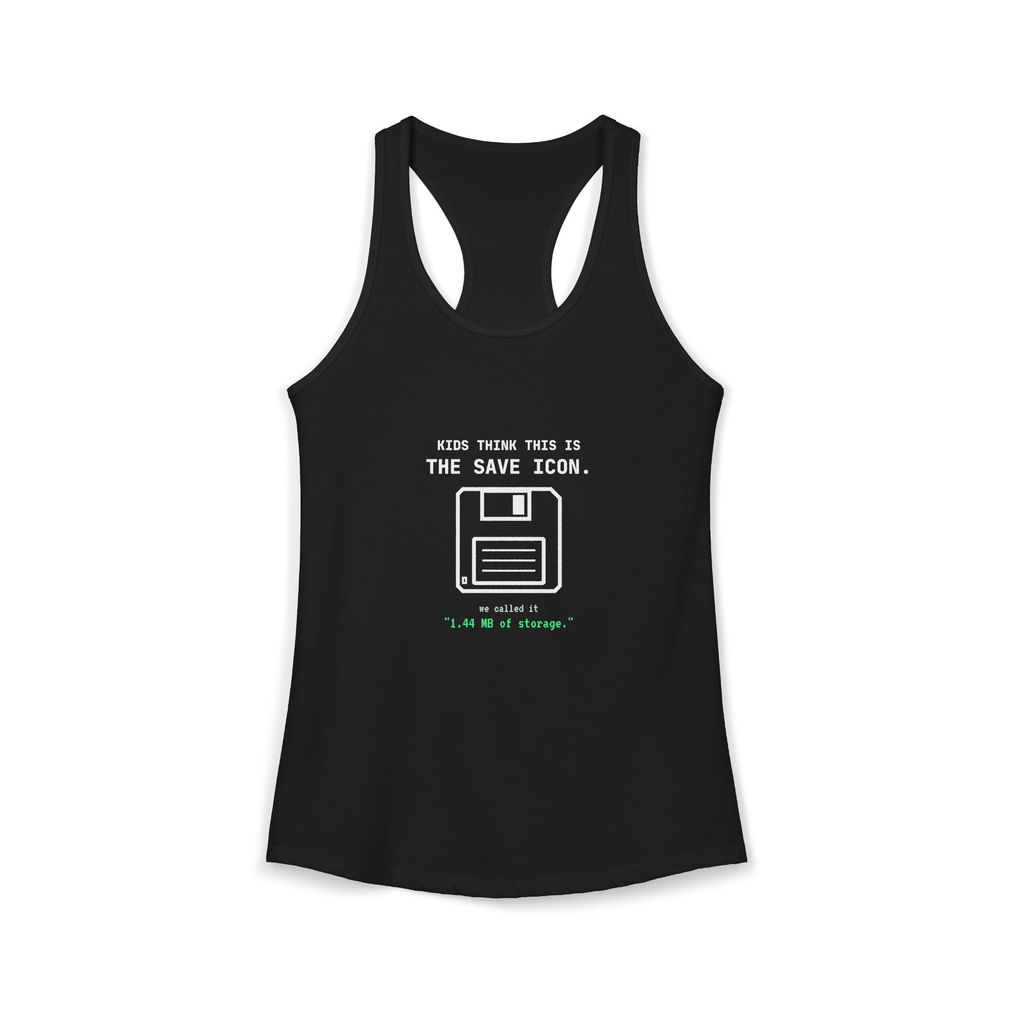 The Original Save Icon women's racerback tank in Solid Black, front 2