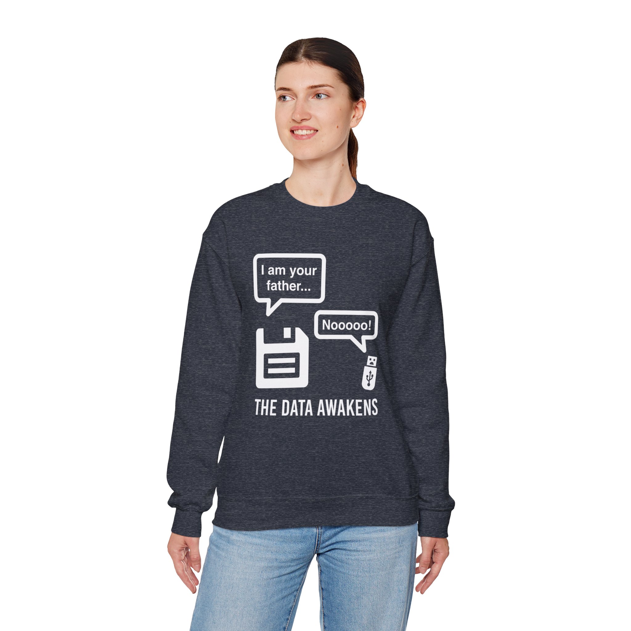 The Data Awakens crewneck sweatshirt in Heather Sport Dark Navy, worn by a model, fourth view