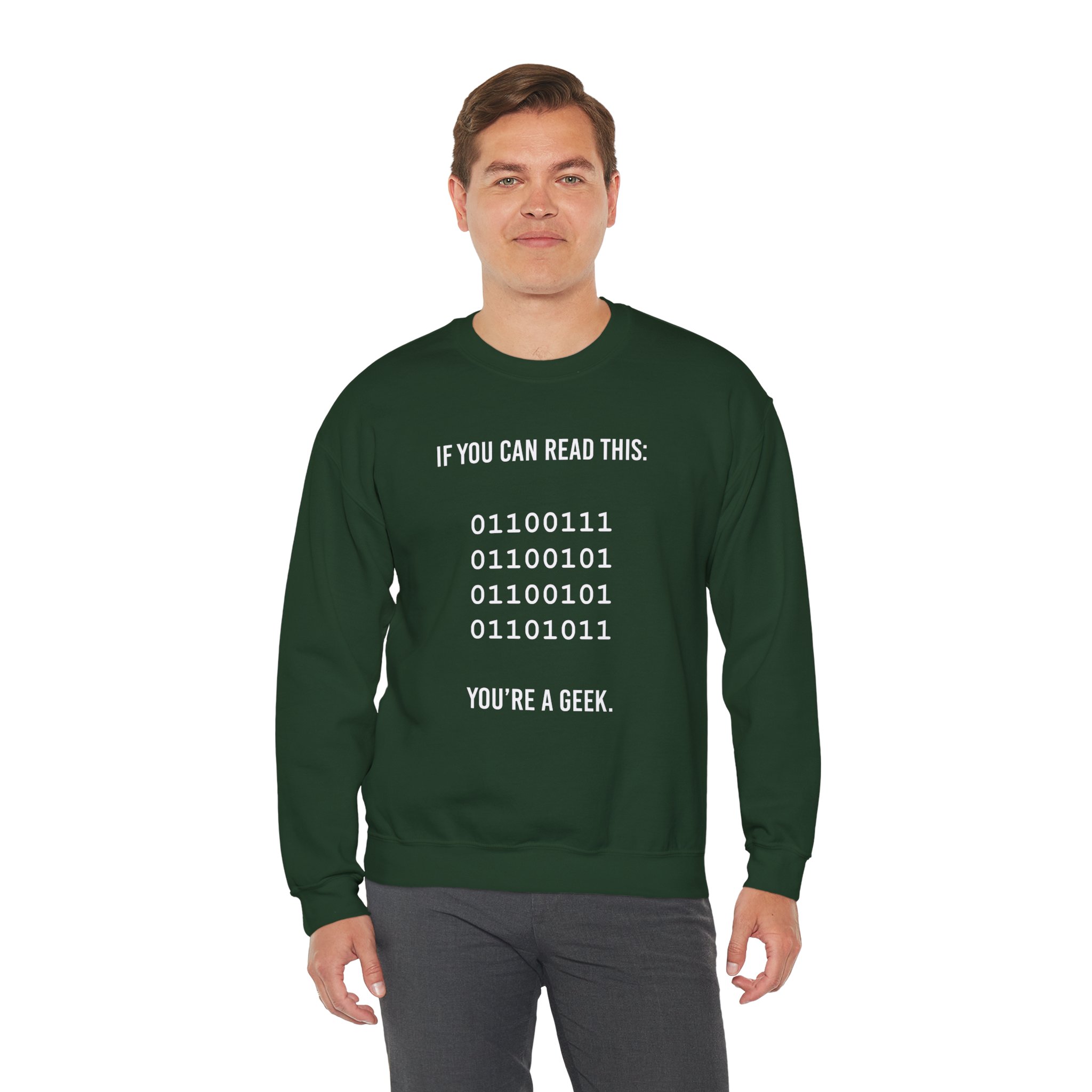 Geek Binary Code crewneck sweatshirt in Forest Green, worn by a model, third view