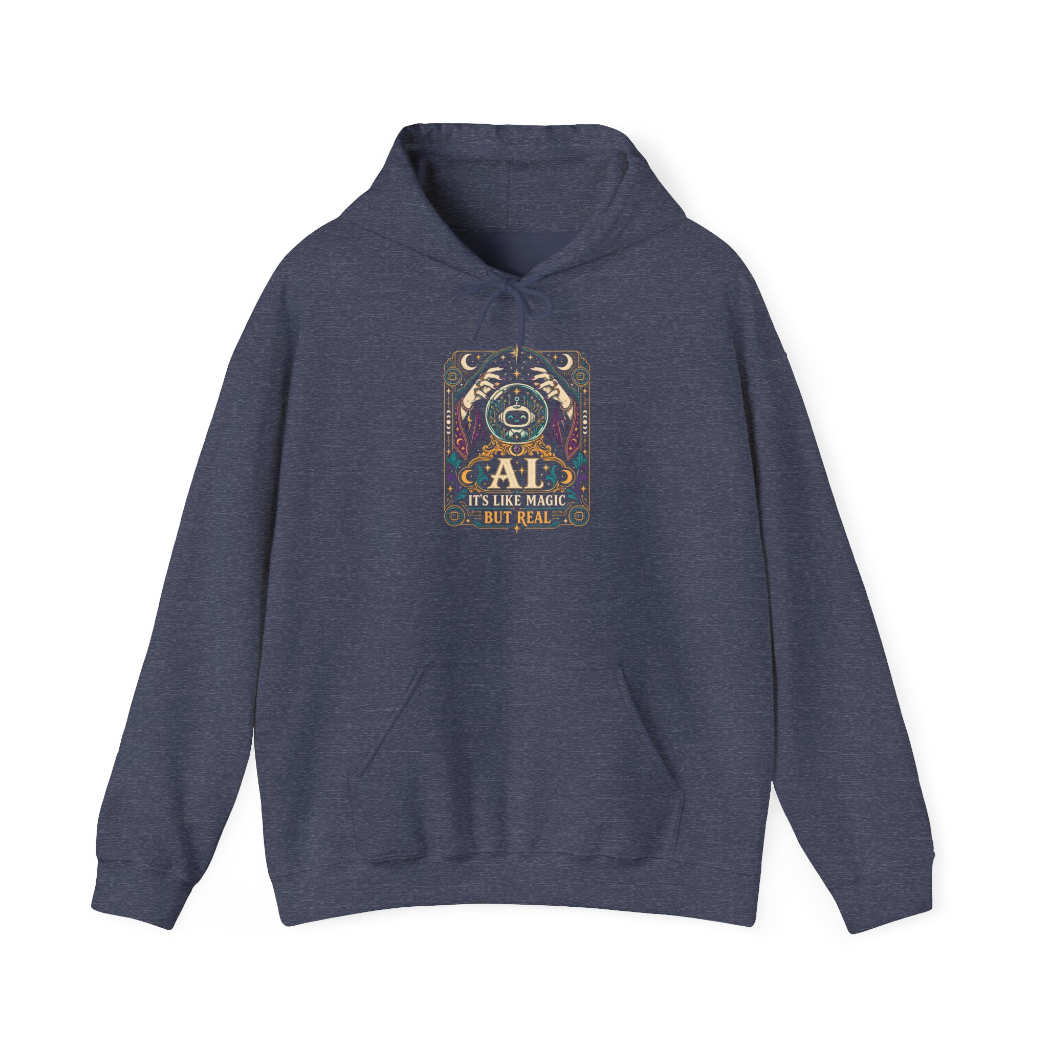AI Magic Crystal Ball hoodie in Heather Sport Dark Navy, front view