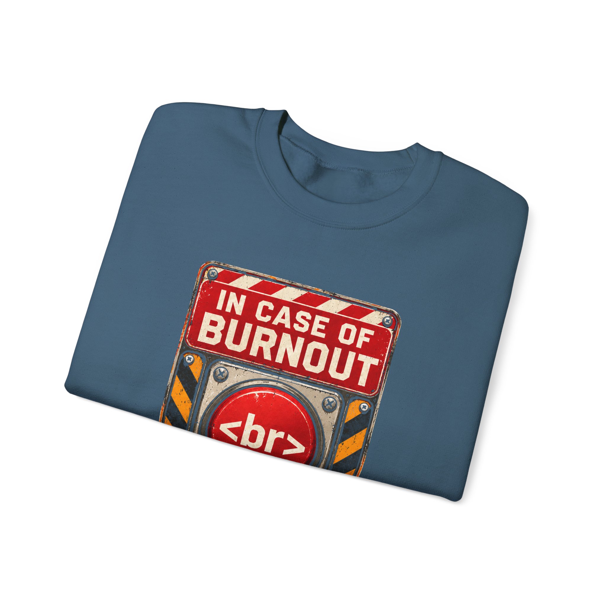 In Case of Burnout crewneck sweatshirt in Indigo Blue, folded