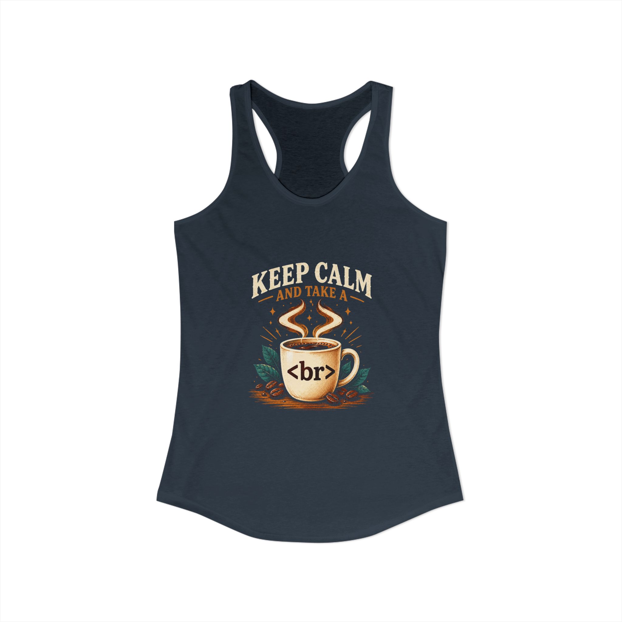 Keep Calm Coffee Break women's racerback tank in Solid Indigo, front view