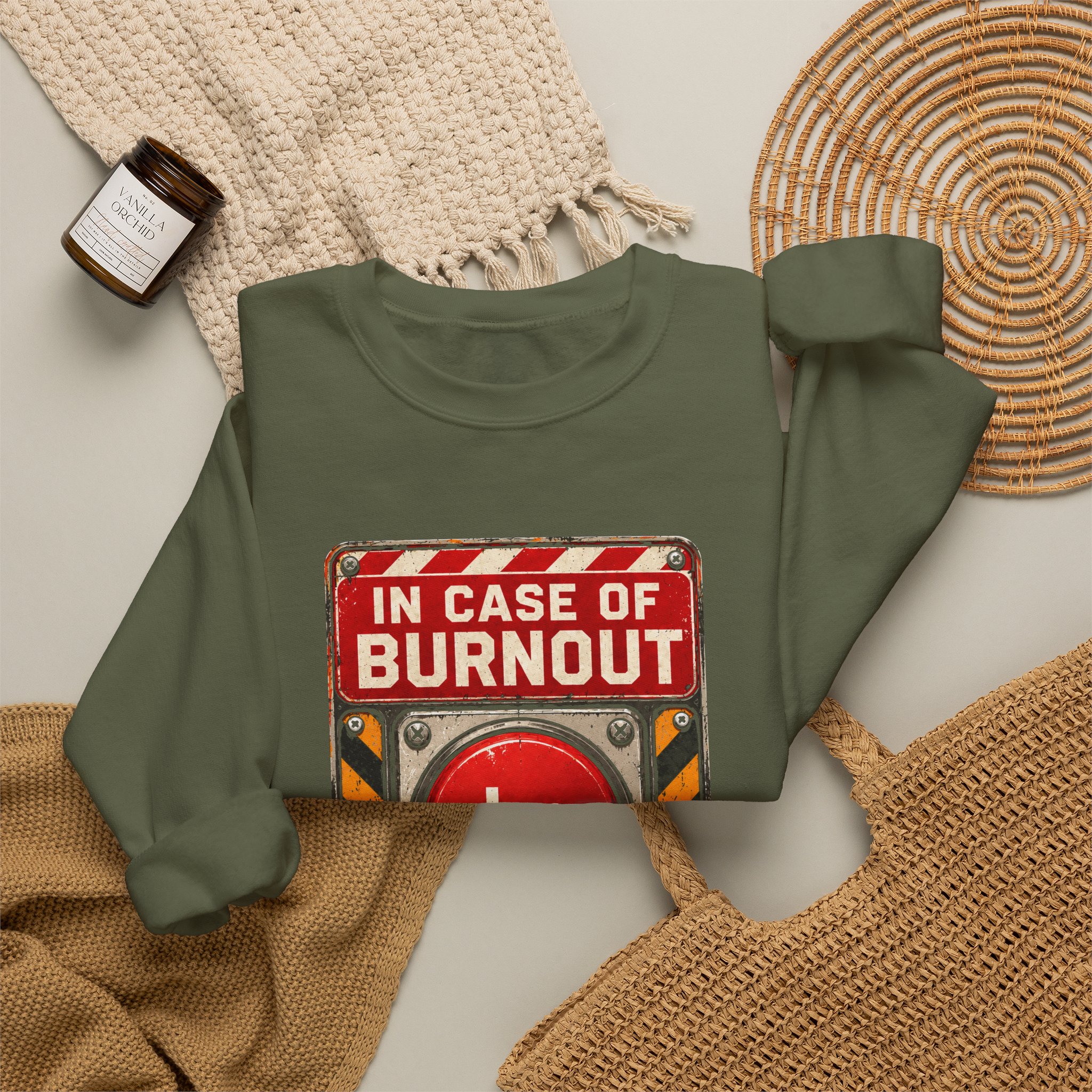 In Case of Burnout crewneck sweatshirt in Military Green, folded 2
