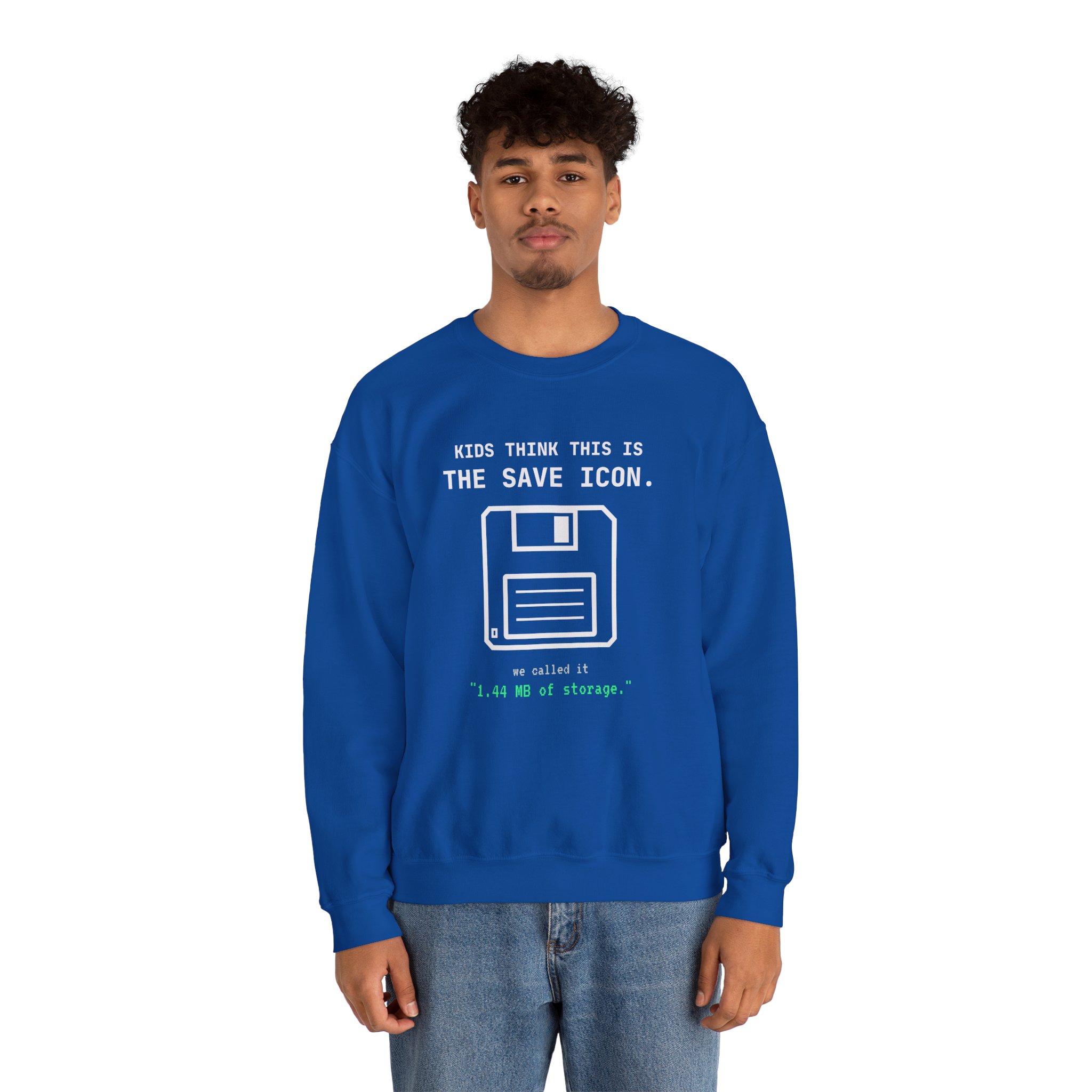 The Original Save Icon crewneck sweatshirt in Royal, worn by a model, second view