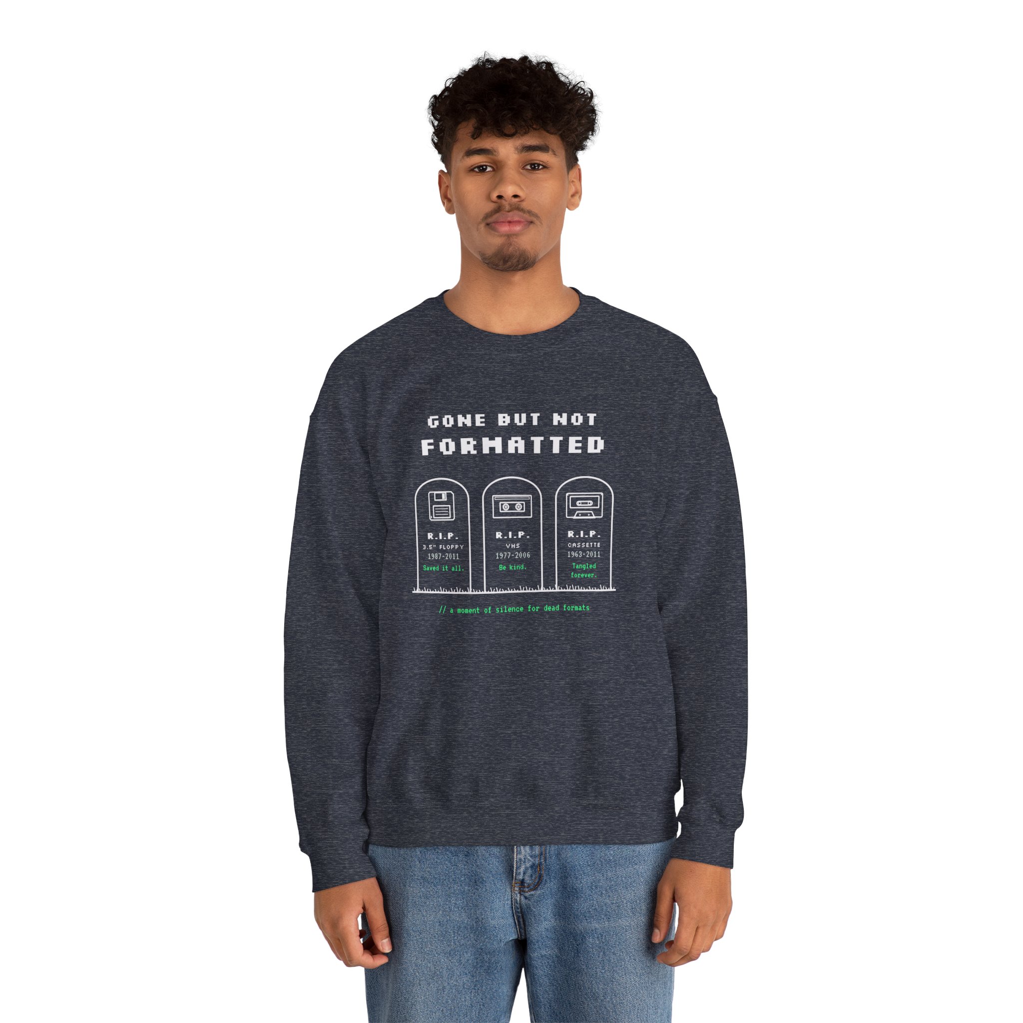 Gone But Not Formatted crewneck sweatshirt in Heather Sport Dark Navy, worn by a model, second view