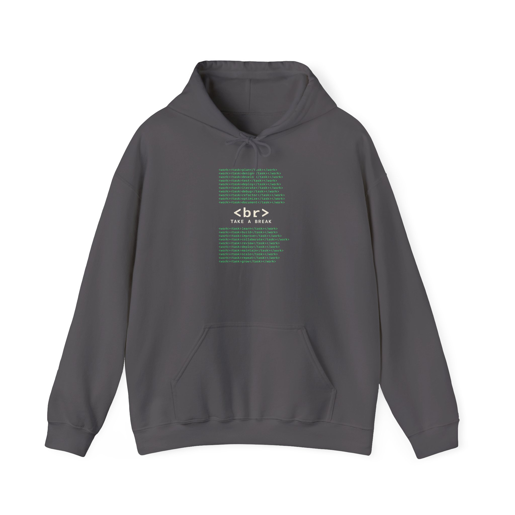 Work Work Break hoodie in Charcoal, front view