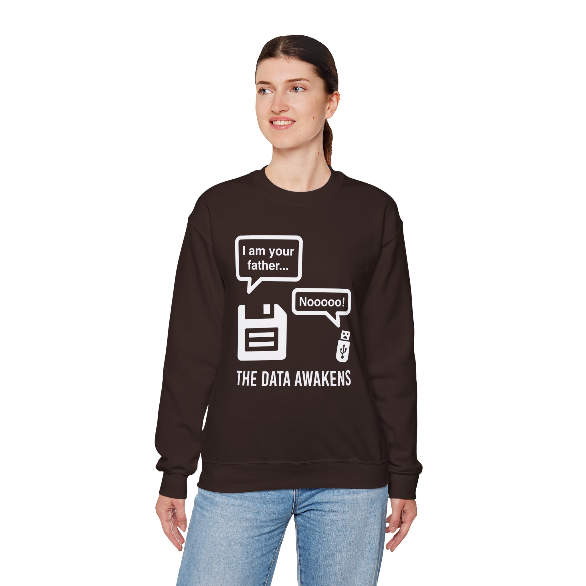 The Data Awakens crewneck sweatshirt in Dark Chocolate, worn by a model, fourth view