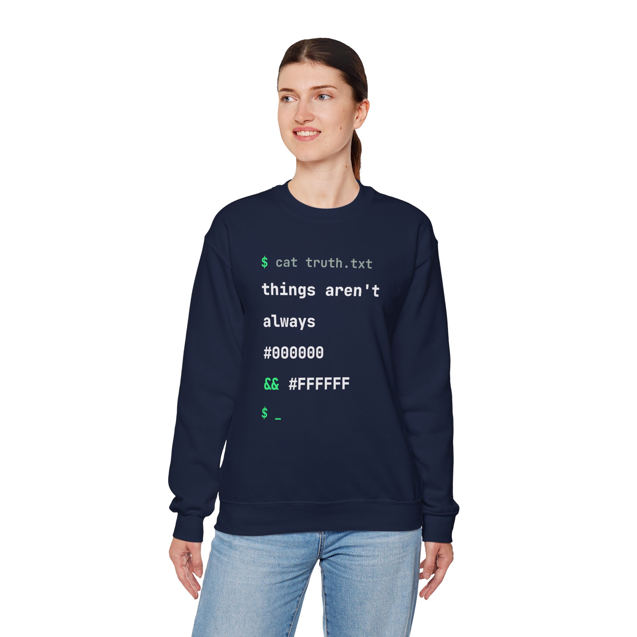 cat truth.txt crewneck sweatshirt in Navy, worn by a model, fourth view
