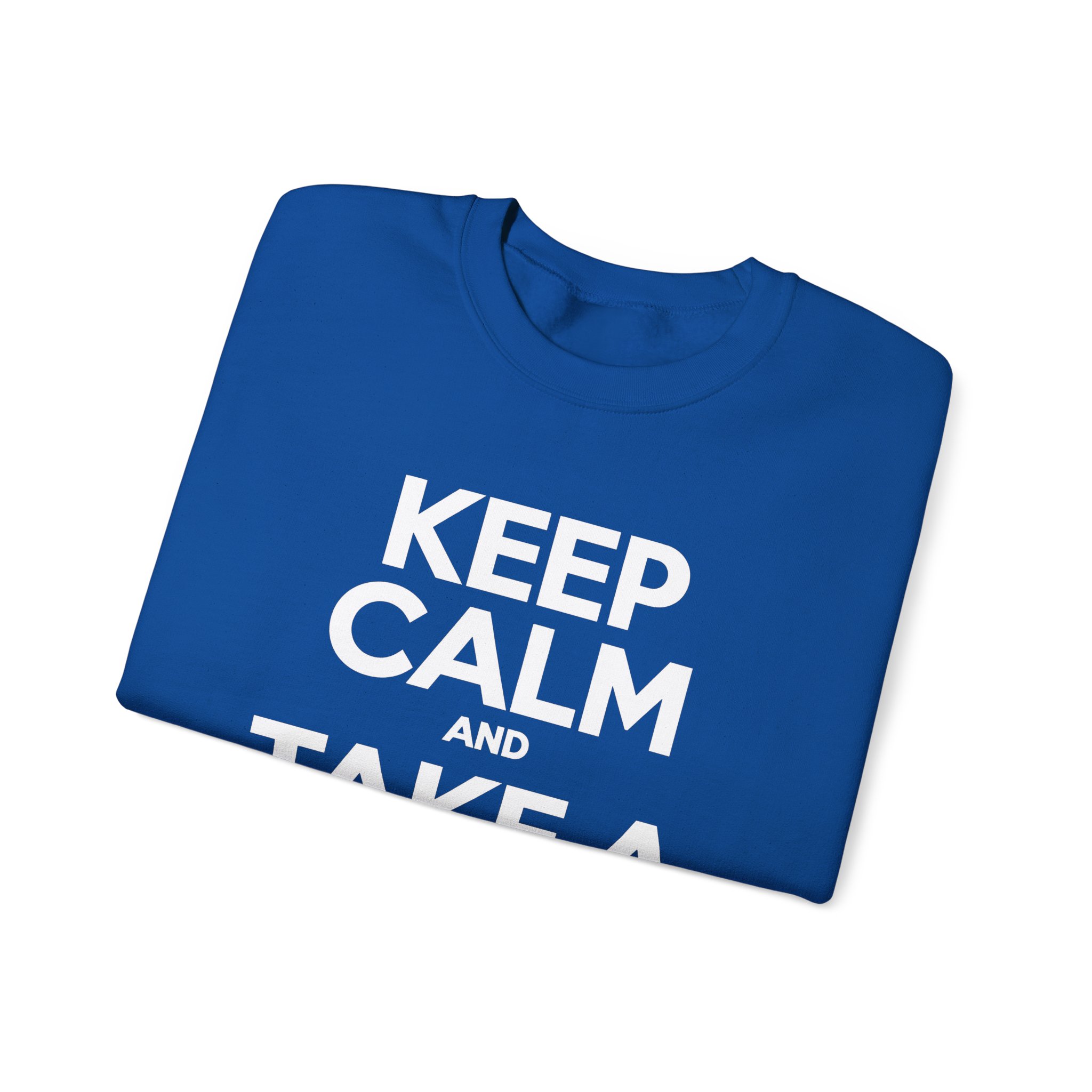 Keep Calm and Take a Break crewneck sweatshirt in Royal, folded