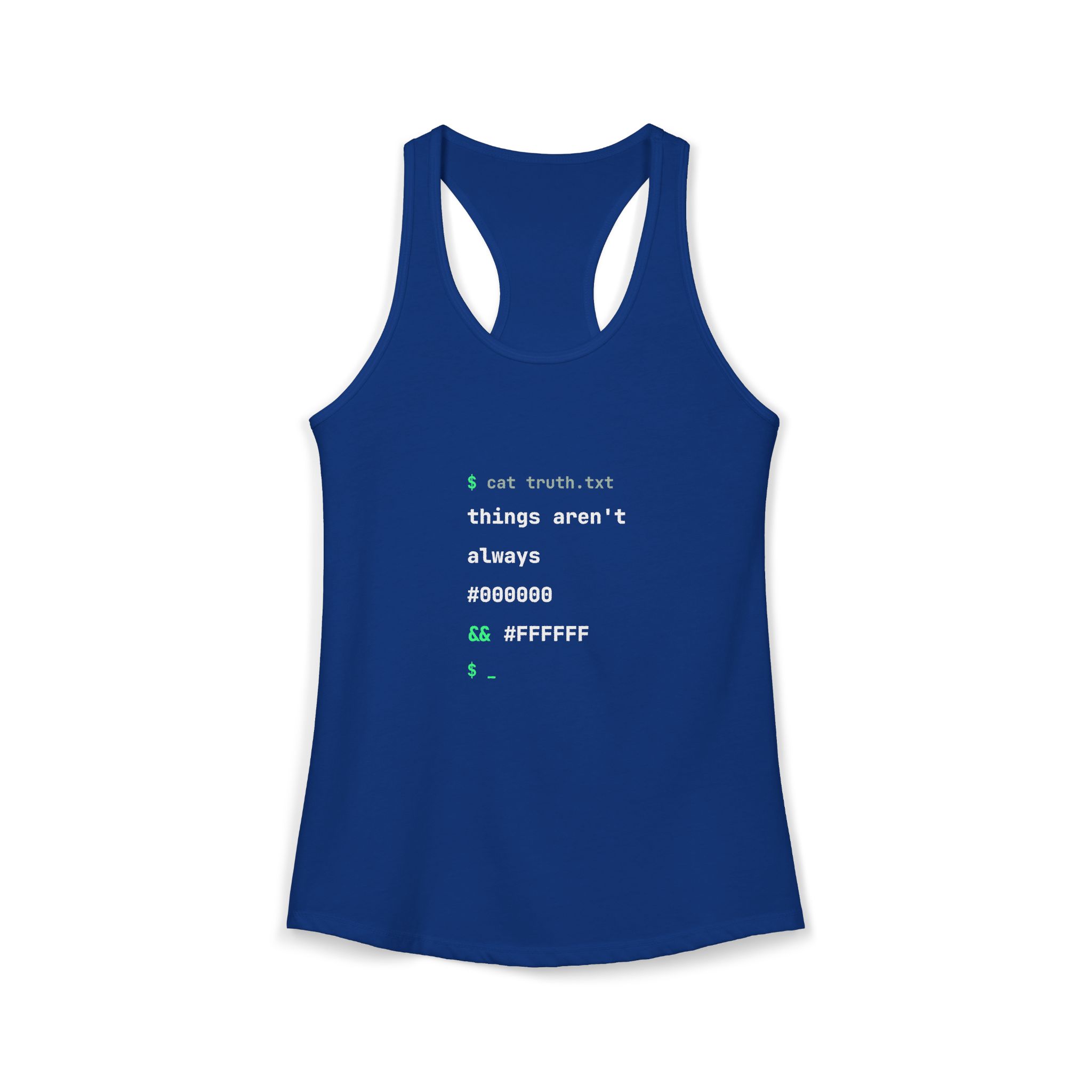cat truth.txt women's racerback tank in Solid Royal, front 2