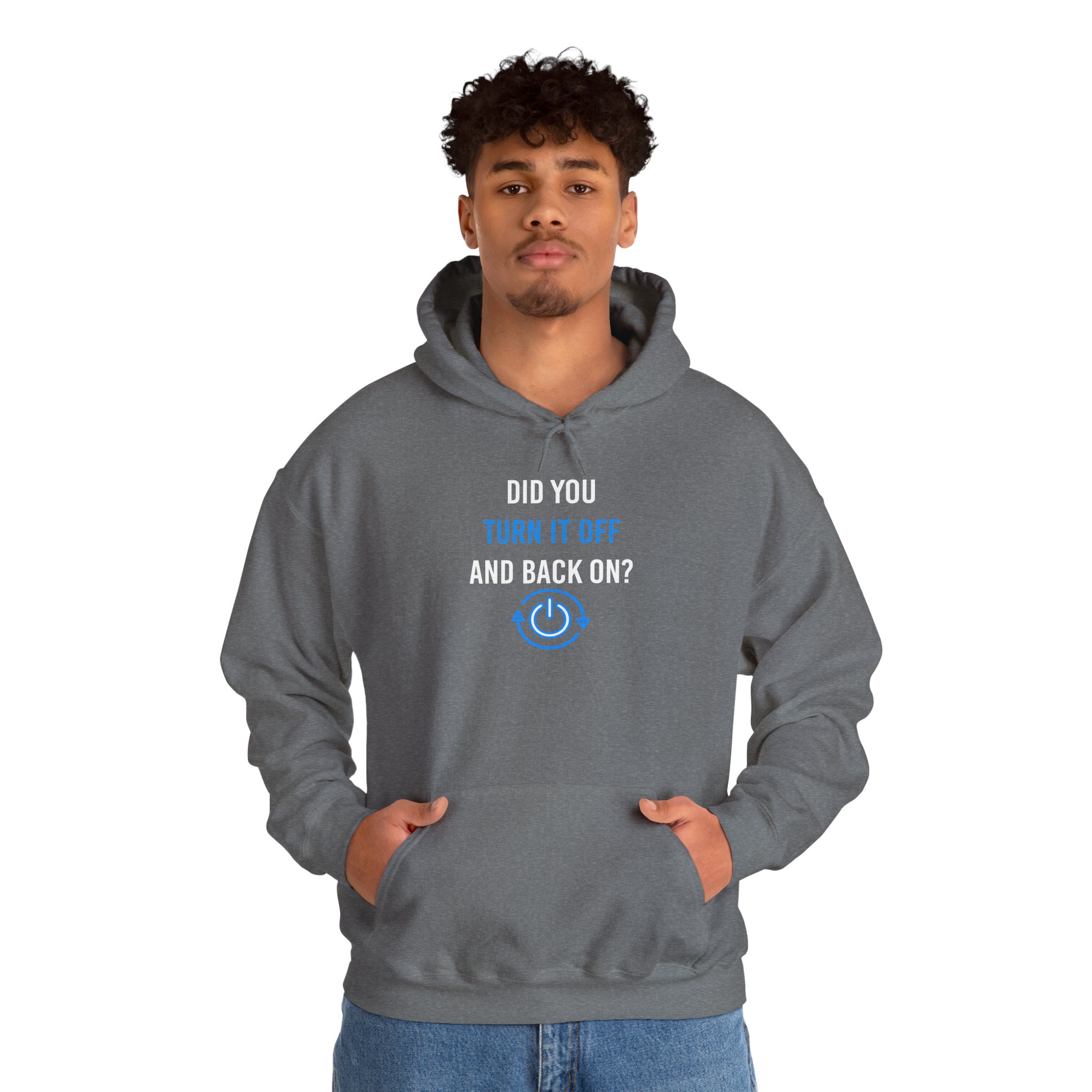 Did You Turn It Off and Back On? hoodie in Graphite Heather, worn by a model, second view