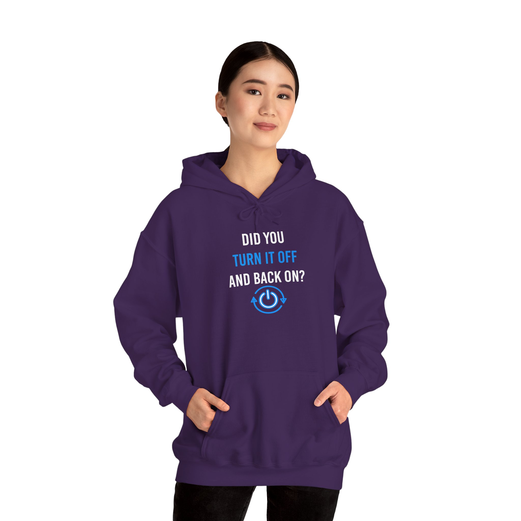 Did You Turn It Off and Back On? hoodie in Purple, worn by a model