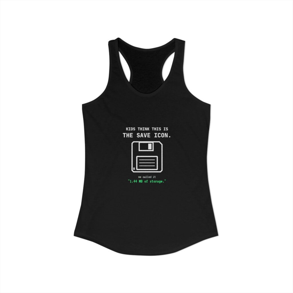 The Original Save Icon women's racerback tank in Solid Black, front view