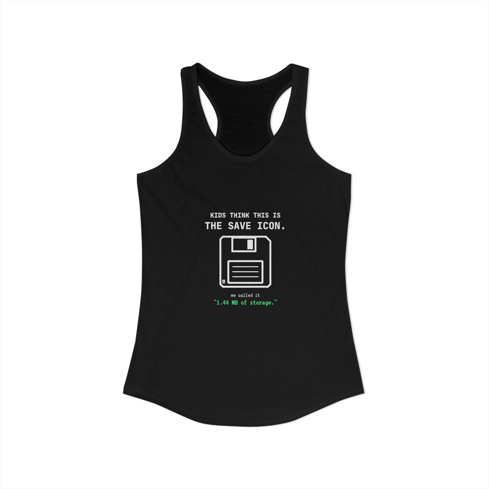 The Original Save Icon women's racerback tank in Solid Black, front view