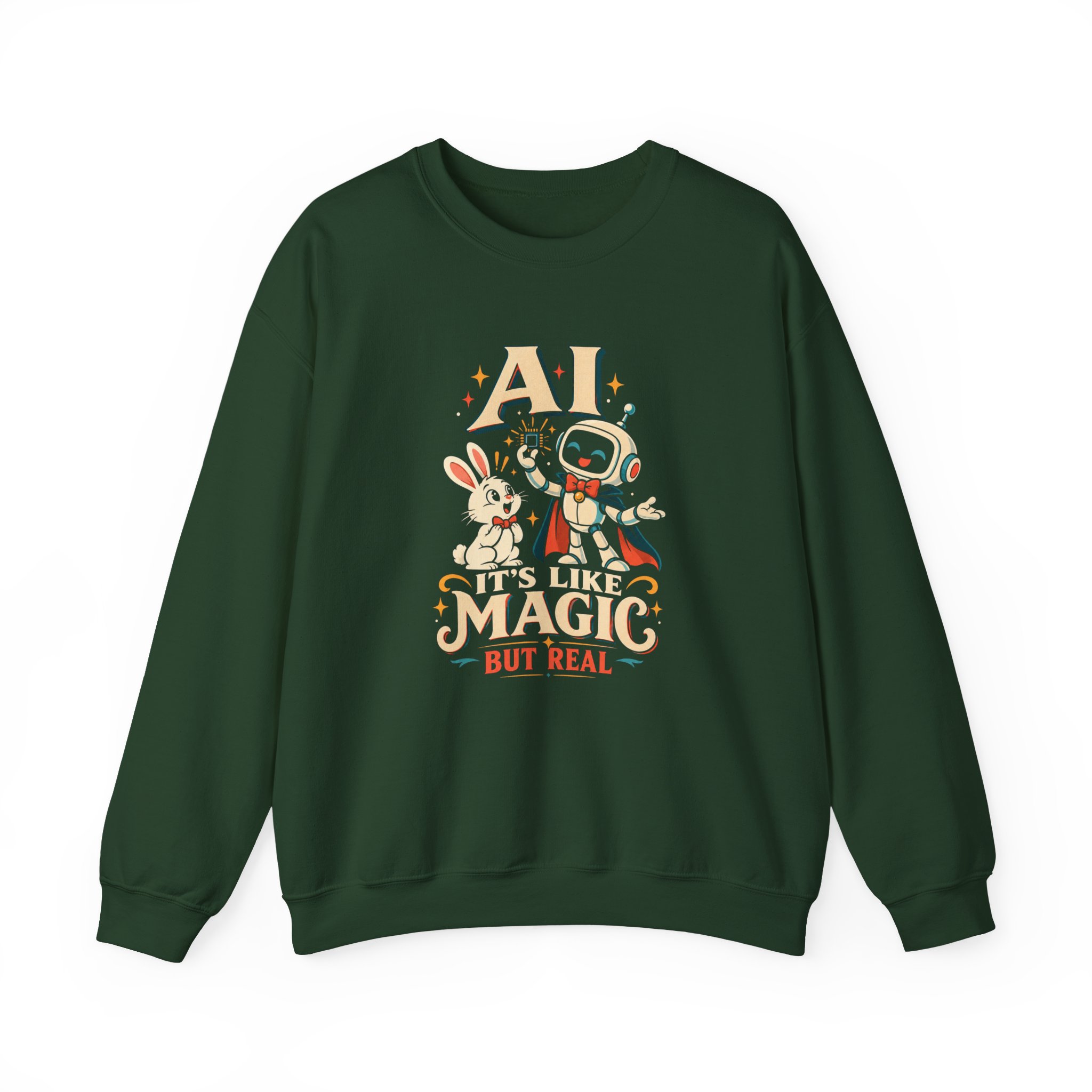 AI Magic Bunny crewneck sweatshirt in Forest Green, front view