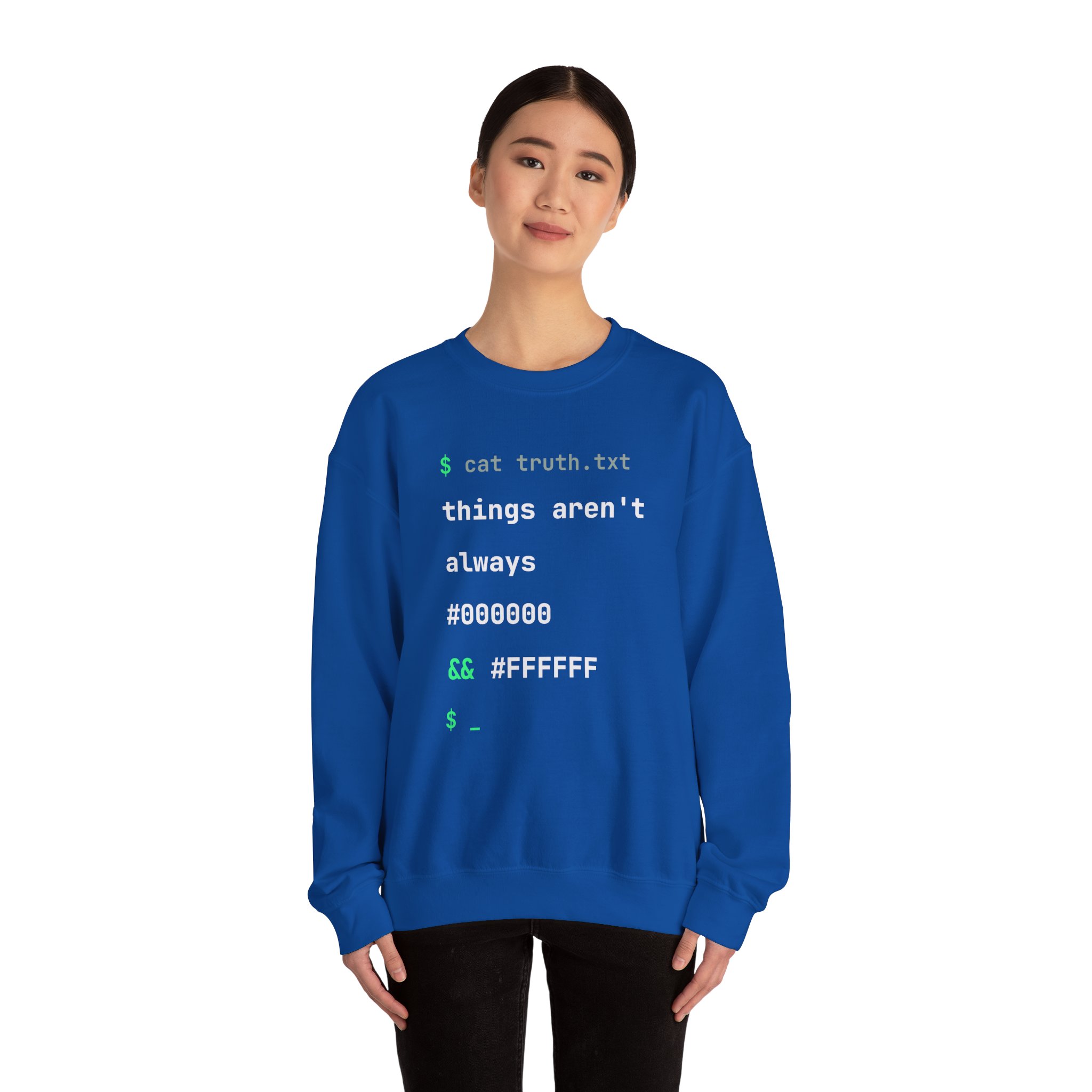 cat truth.txt crewneck sweatshirt in Royal, worn by a model